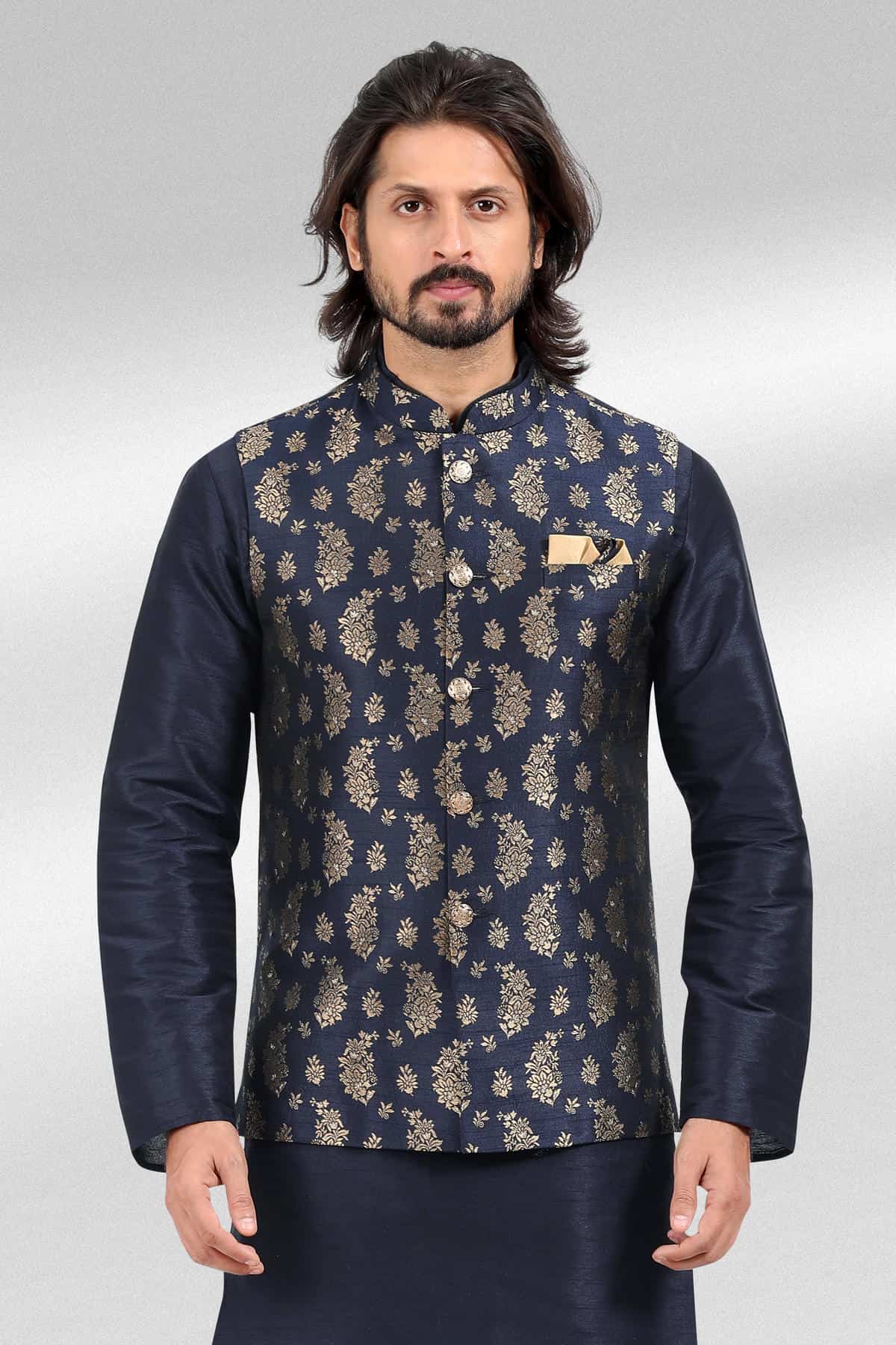 Blue Colour Jacquard Banarasi Silk Woven Work Kurta Pajama With Jacket