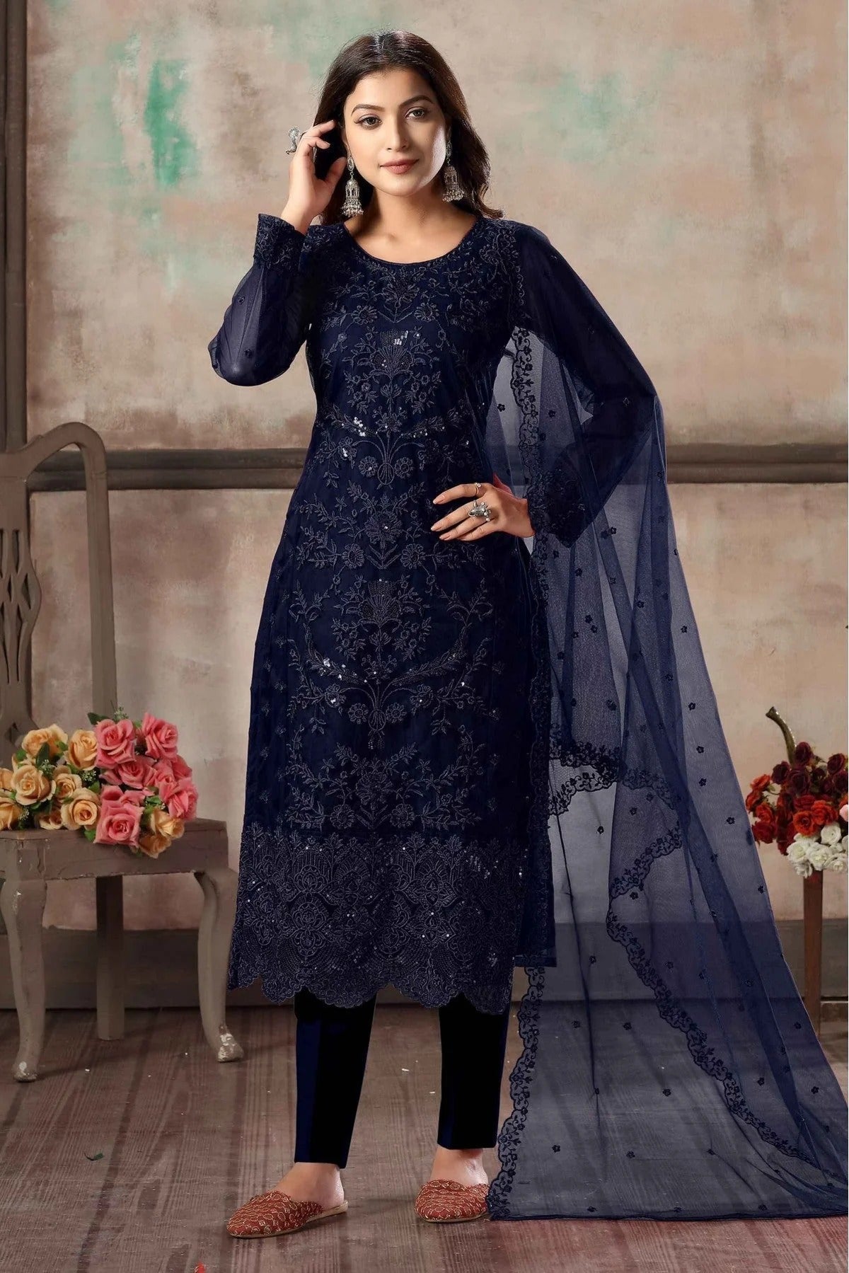 Blue Colour Net Pant Style Suit SM1050078