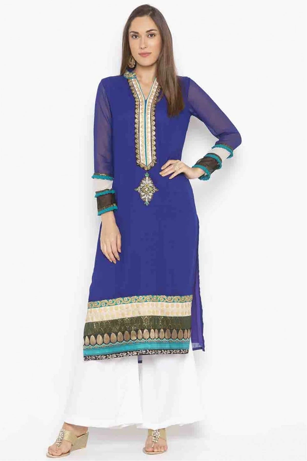 Blue Colour Plus Size Georgette Embroidery Kurti KR1070367