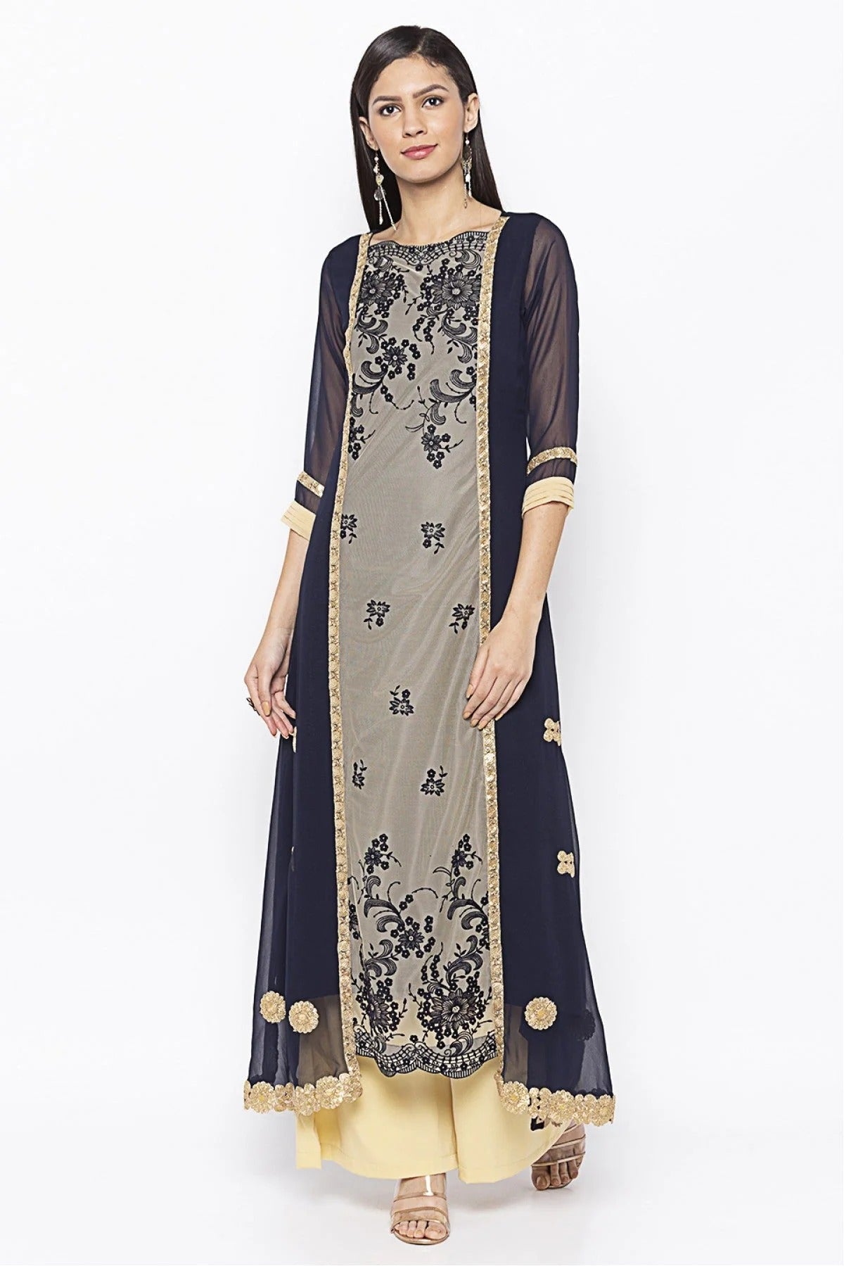 Blue Colour Plus Size Net Embroidery Kurta Set KR1070560