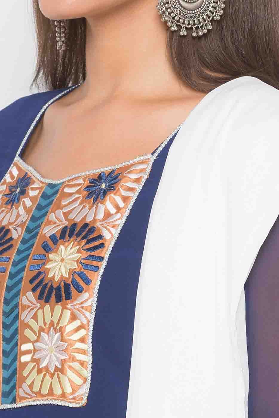 Blue Colour Plus Size Stitched American Crepe Embroidery Palazzo Pant Suit BW1070272 B