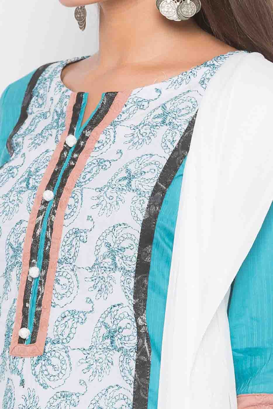 Blue Colour Plus Size Stitched Cotton Embroidery Pant Style Suit BW1070268 B