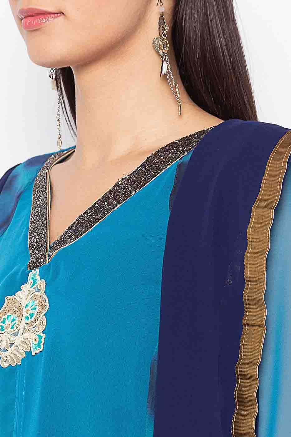 Blue Colour Plus Size Stitched Georgette Embroidery Pant Style Suit BW1070240 B