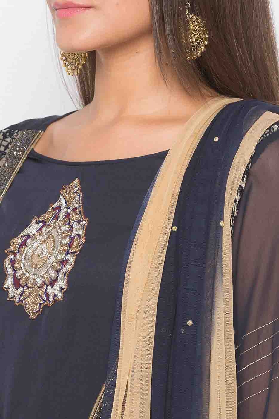 Blue Colour Plus Size Stitched Net Embroidery Pant Style Suit BW1070275 B