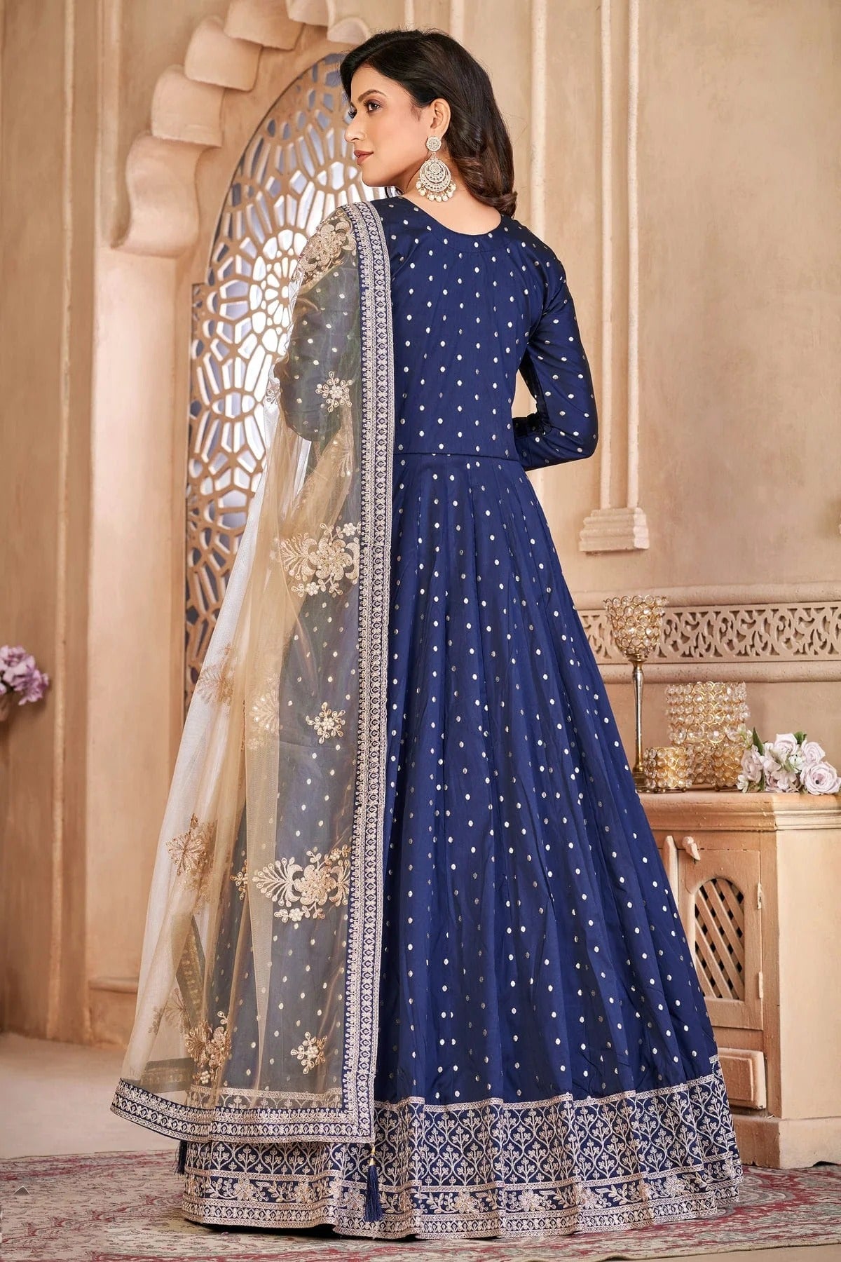 Blue Colour Semi Stitched Taffeta Silk Anarkali Suit SM1050422 A