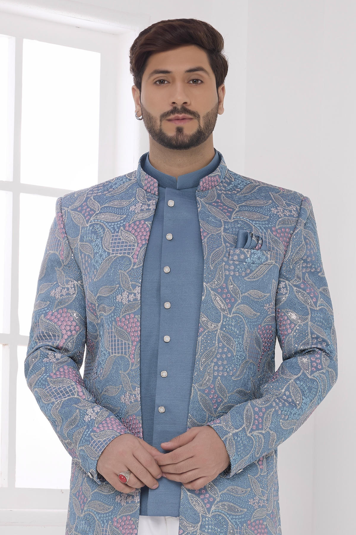 Blue Colour Thread Work Embroidery Art Silk Jodhpuri