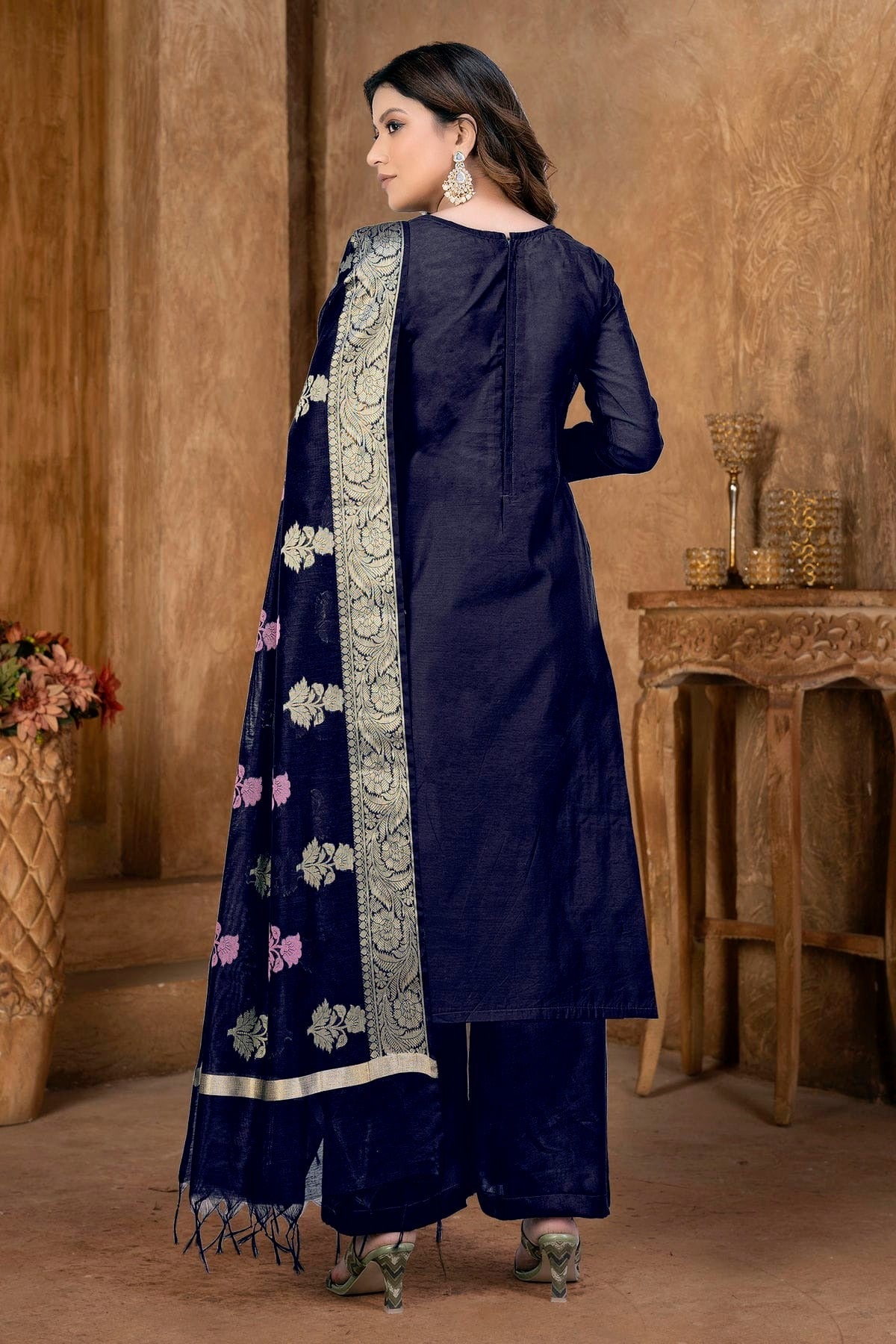 Blue Colour Unstitched Banarasi Jacquard Palazoo Pant Suit US1161361 A