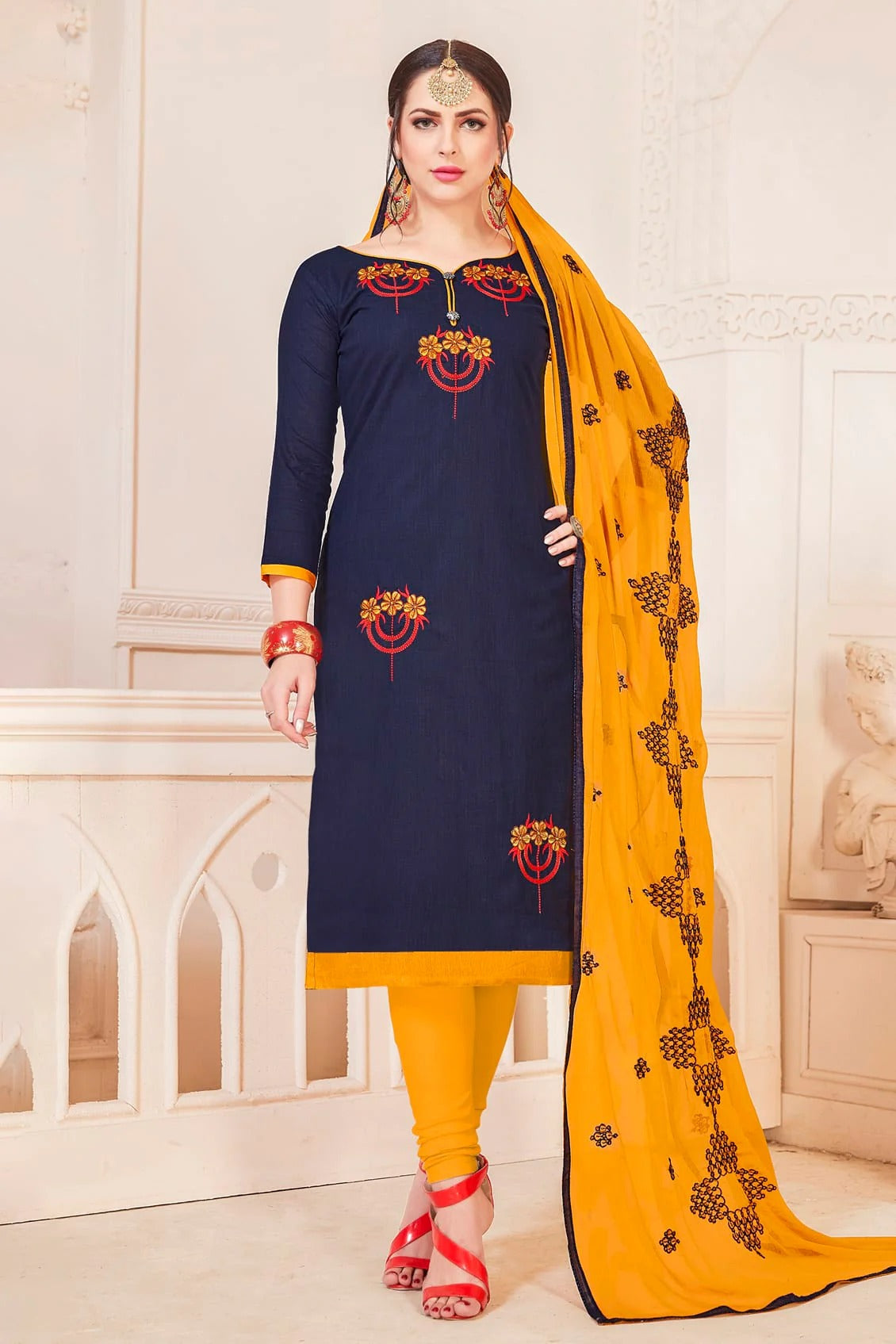 Blue Colour Unstitched South Cotton Slub Churidar Suit US1161117