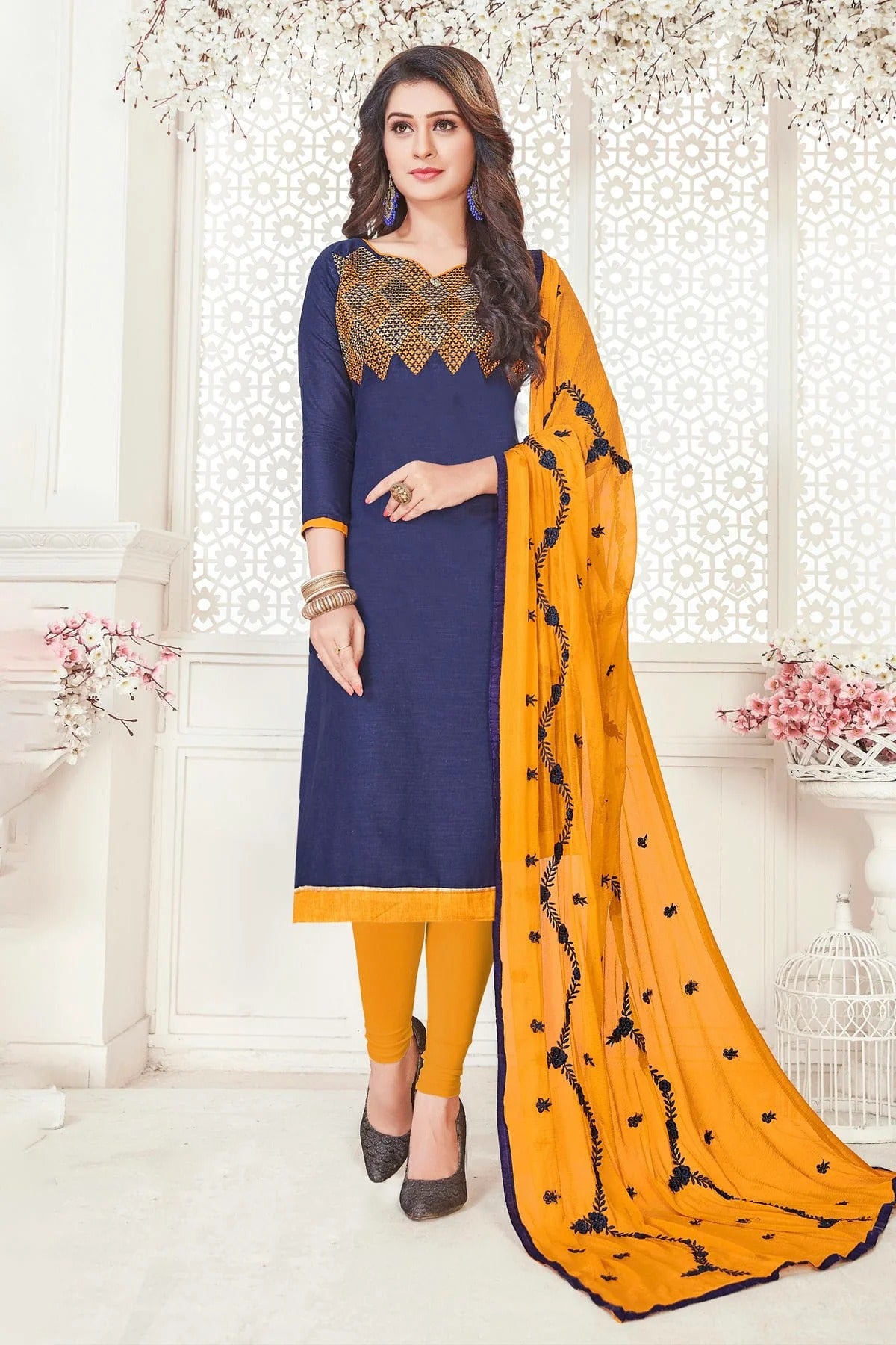 Blue Colour Unstitched South Cotton Slub Churidar Suit US1161122