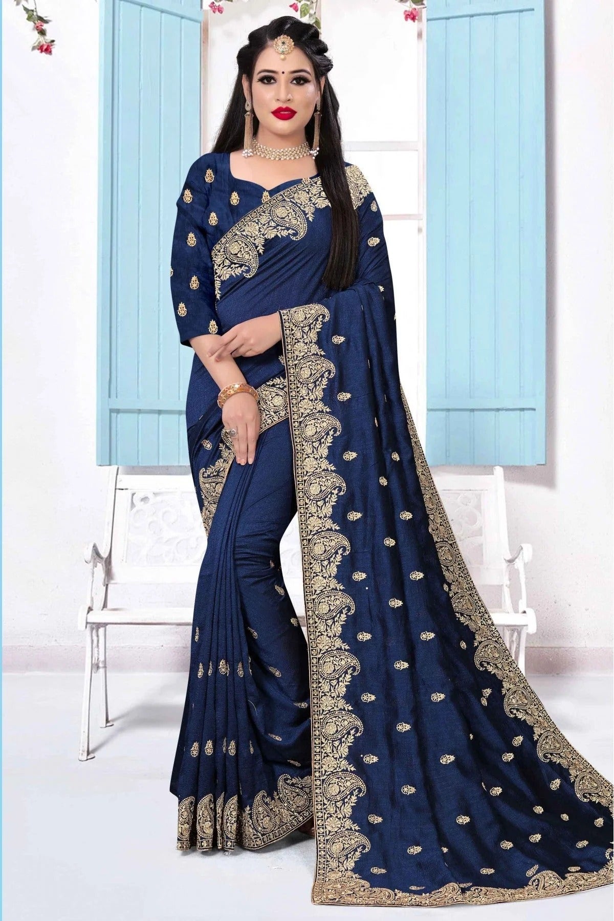 Blue Colour Vichitra Silk Embroidery Saree SD1090145