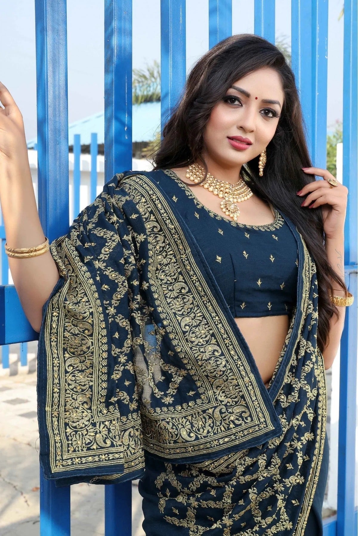 Blue Colour Vichitra Silk Embroidery Saree SD1120868 A