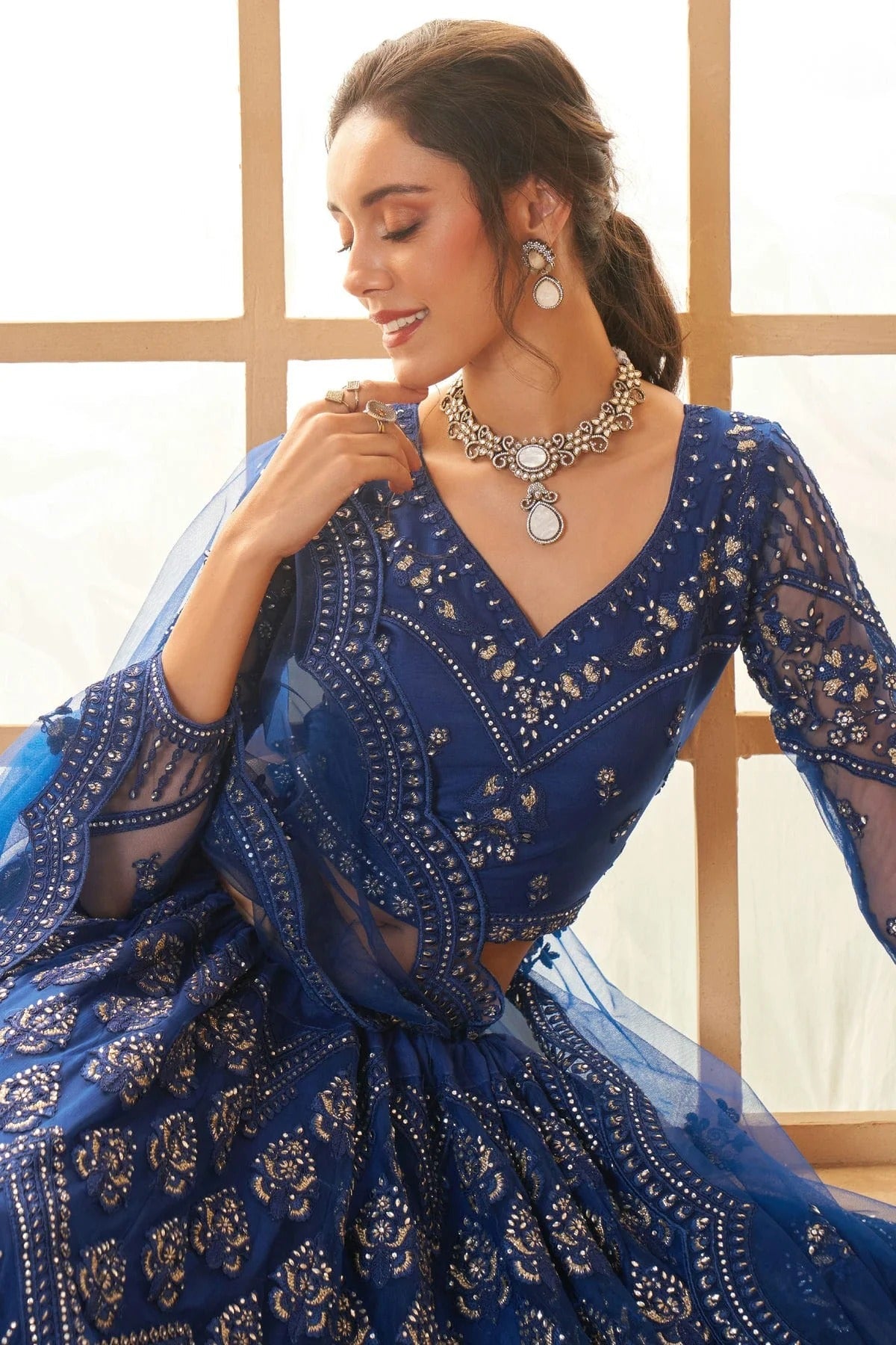 Blue Embroidery Net and SilK Lehenga Choli LC1290153 B