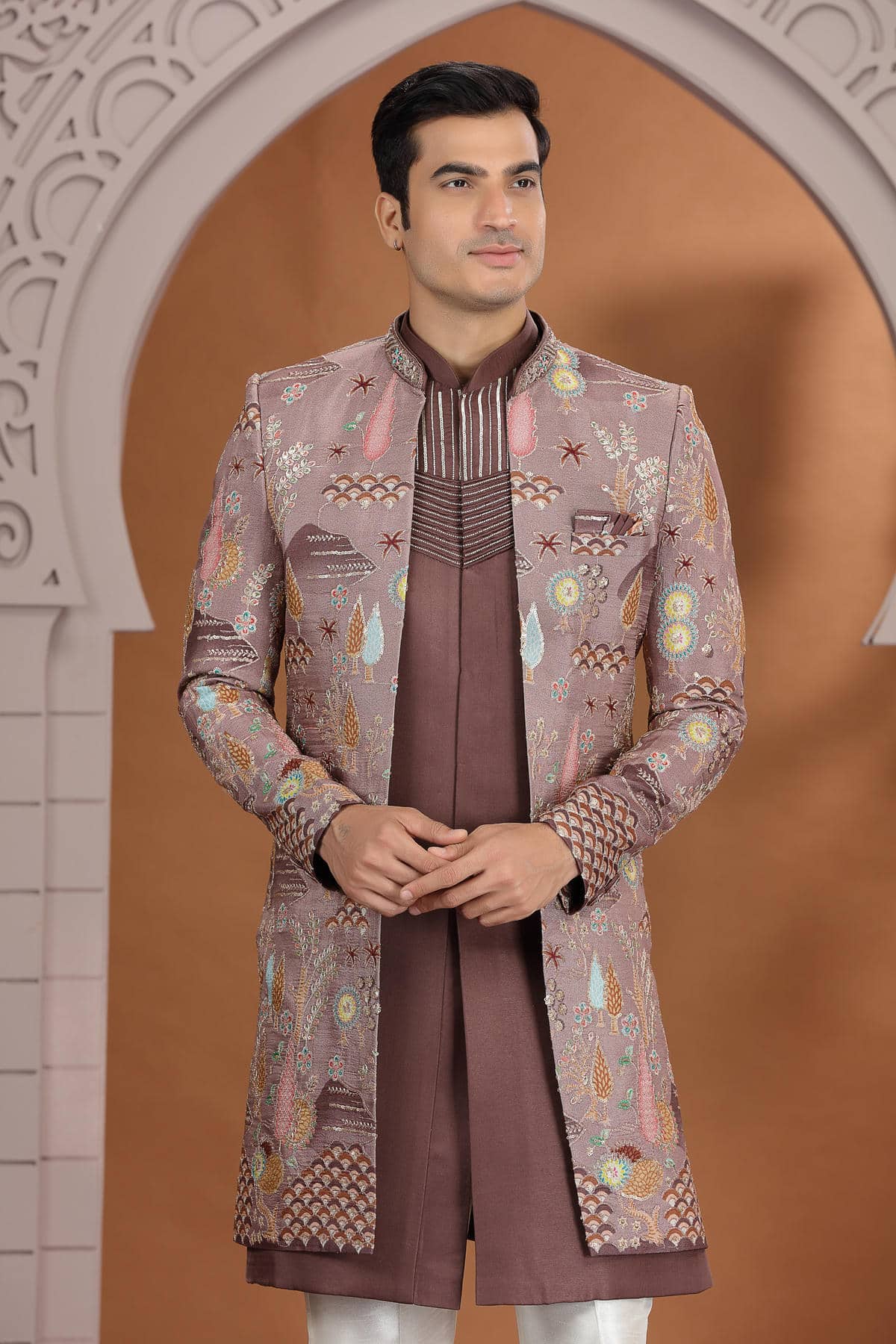 Brown Colour Art Silk Embroidery 3 Pcs Indo Western
