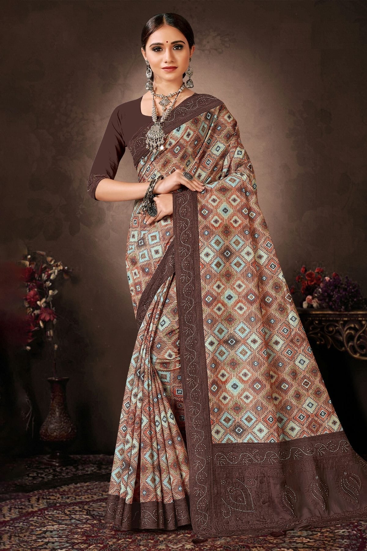 Brown Colour Chanderi Silk Printed Saree LC1121628