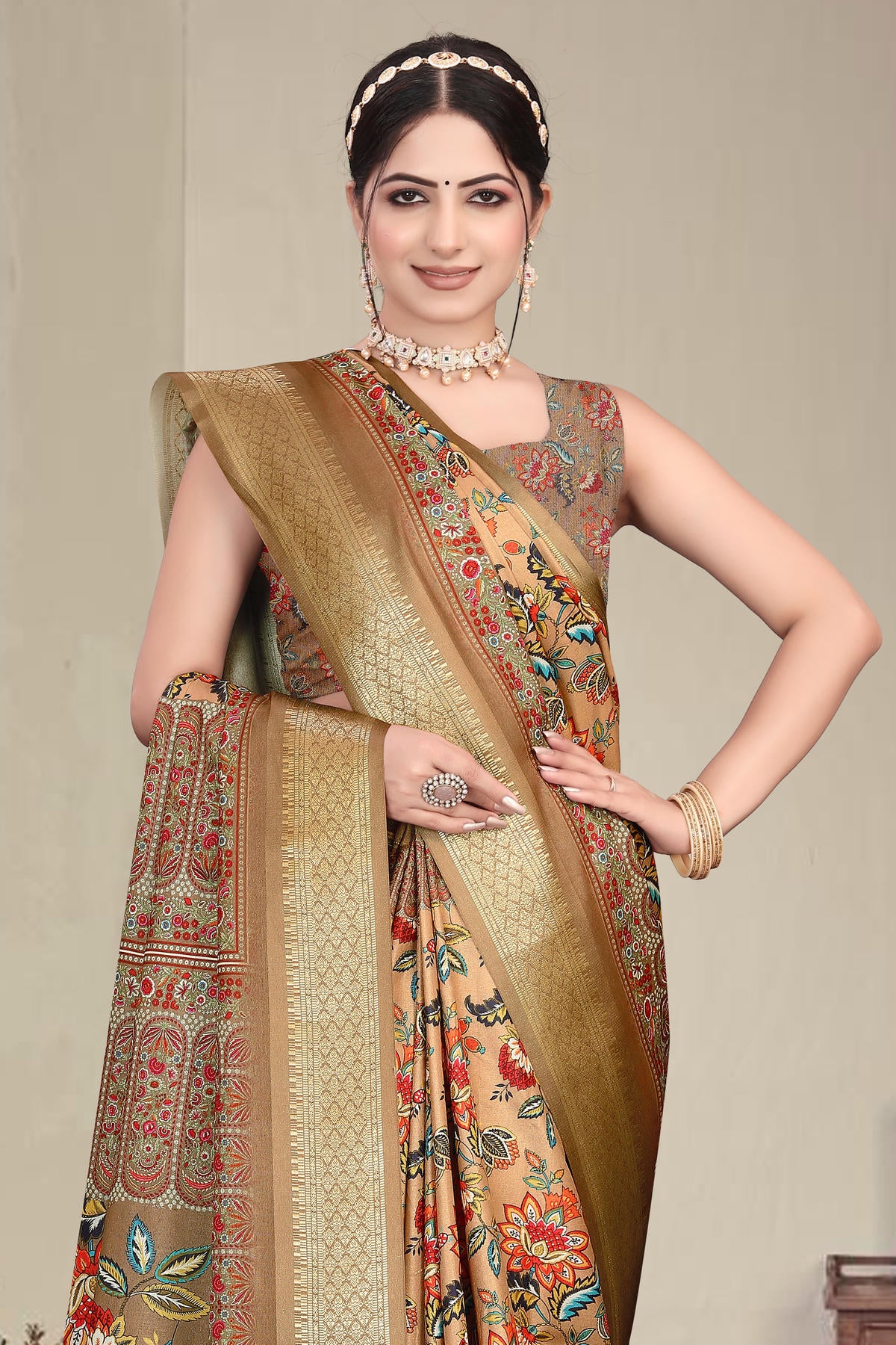 Brown Colour Cotton Silk Printed Saree