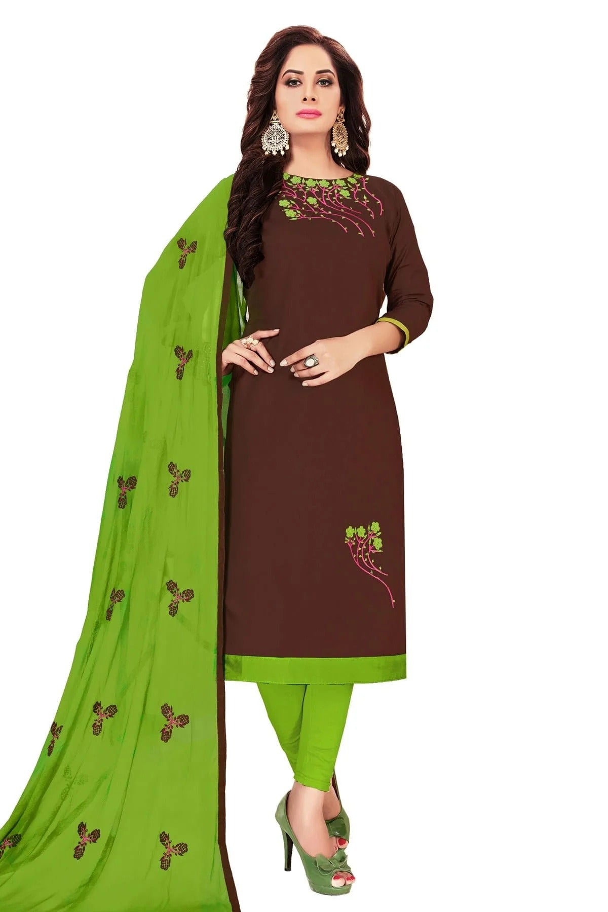 Brown Colour Unstitched Glass Cotton Churidar Suit US1161070