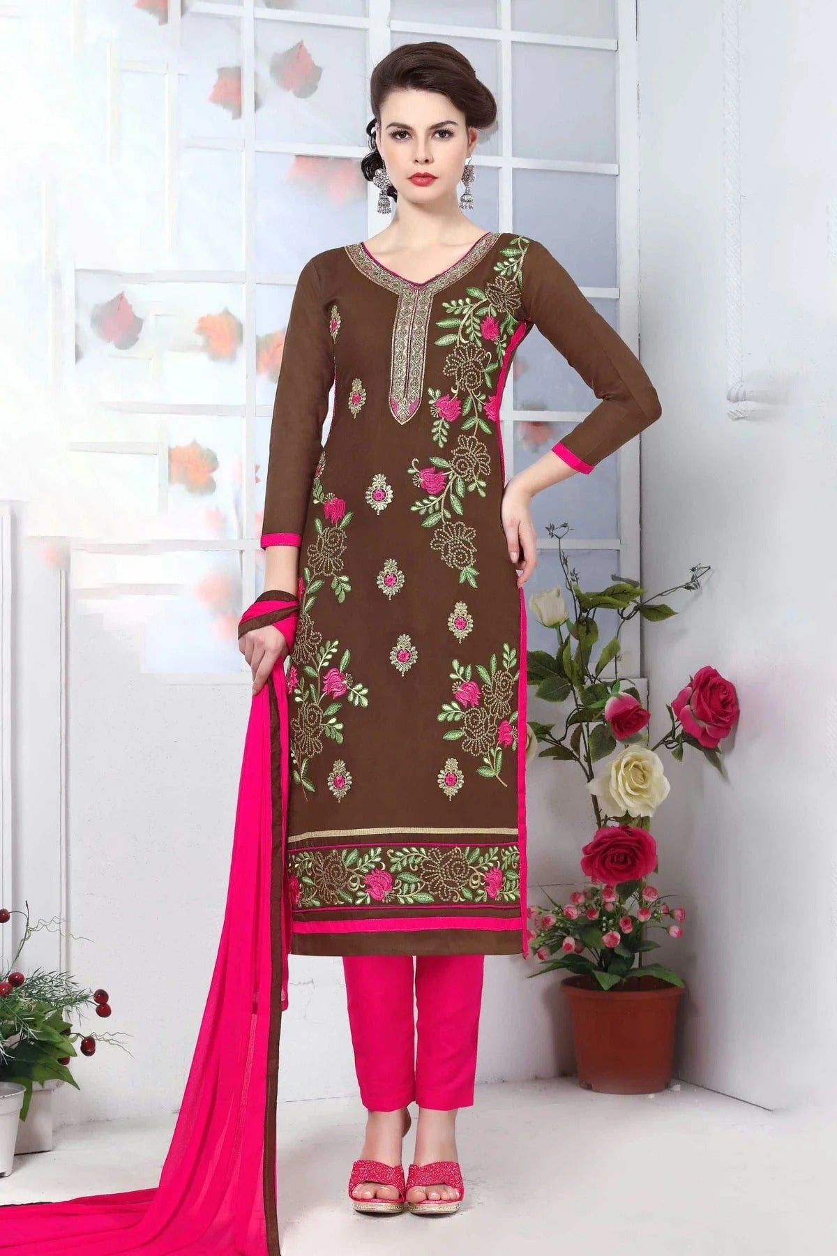 Brown Colour Unstitched Glaze Cotton Straight Suit US1161183