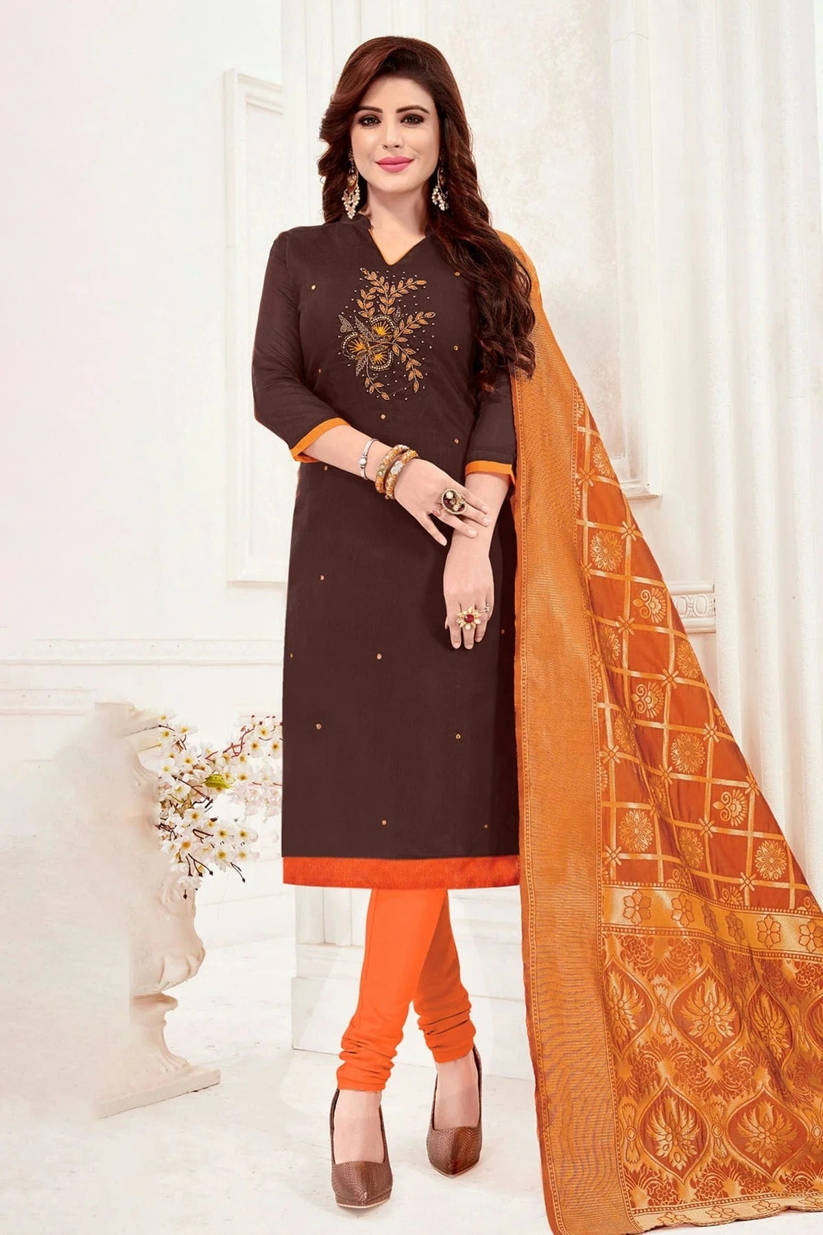 Brown Colour Unstitched Slub Cotton Churidar Suit US1161218