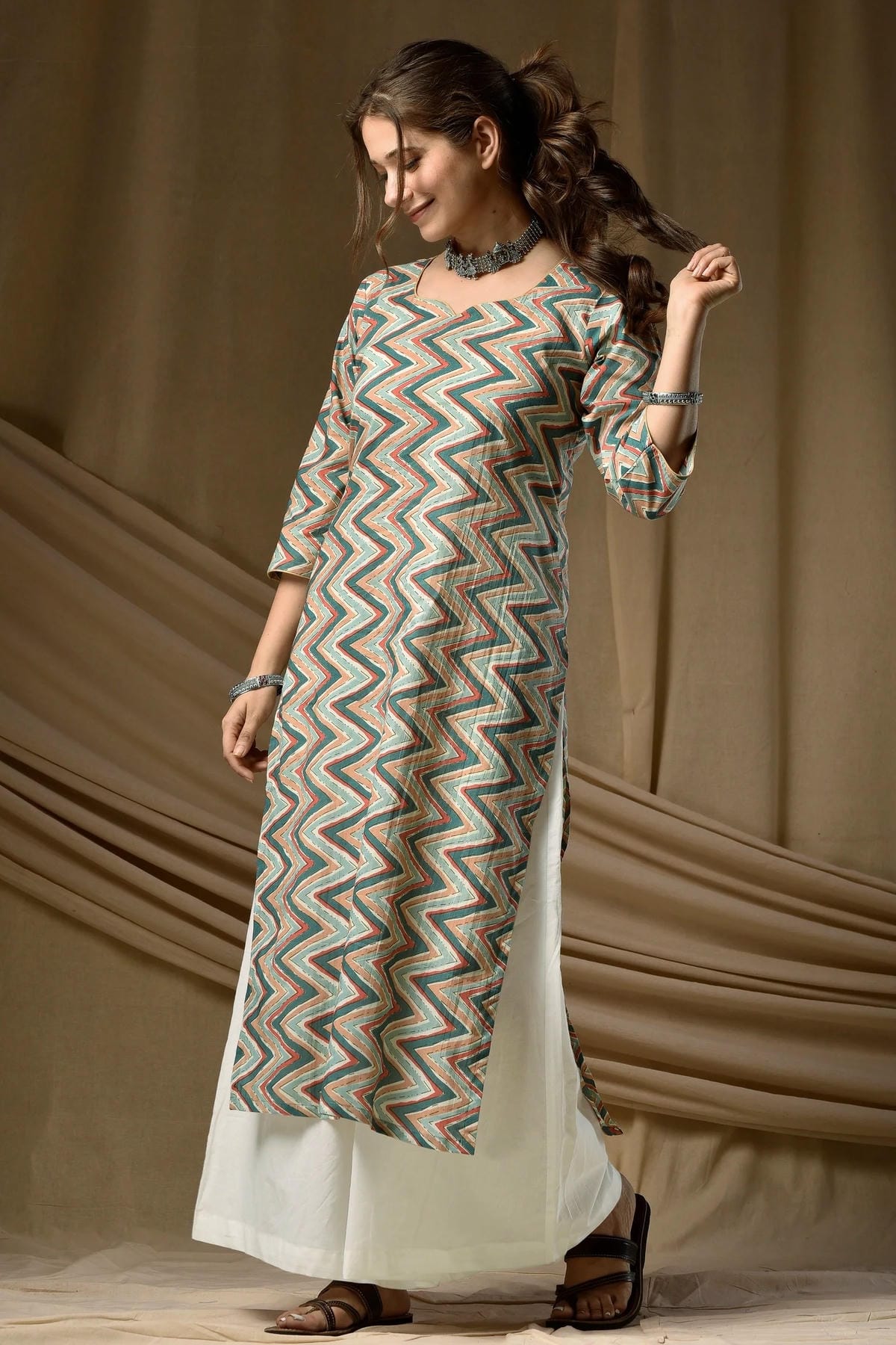 Cambric Cotton Digtial Printed Stitched Kurti In Green Colour