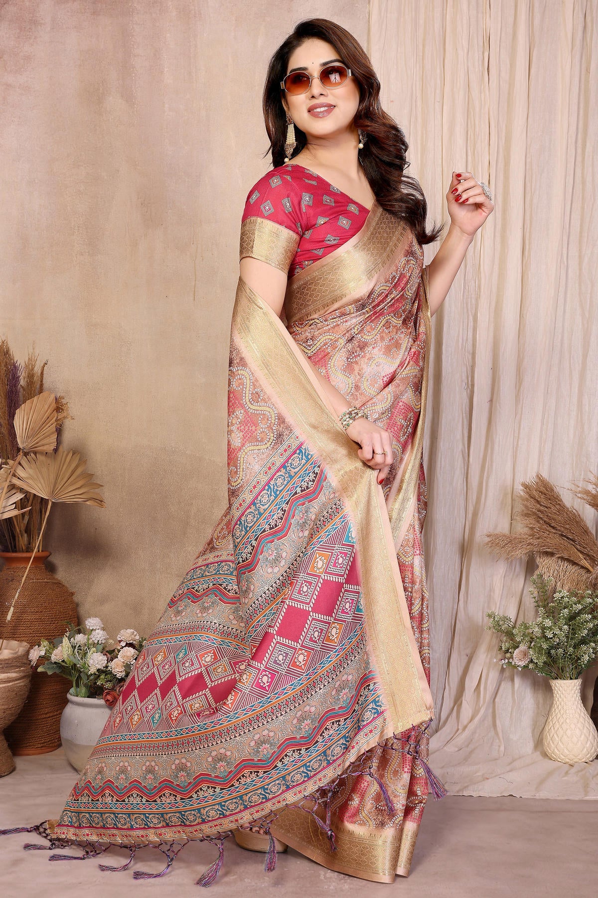 Chiku Pink Colour Cotton Silk Printed Saree