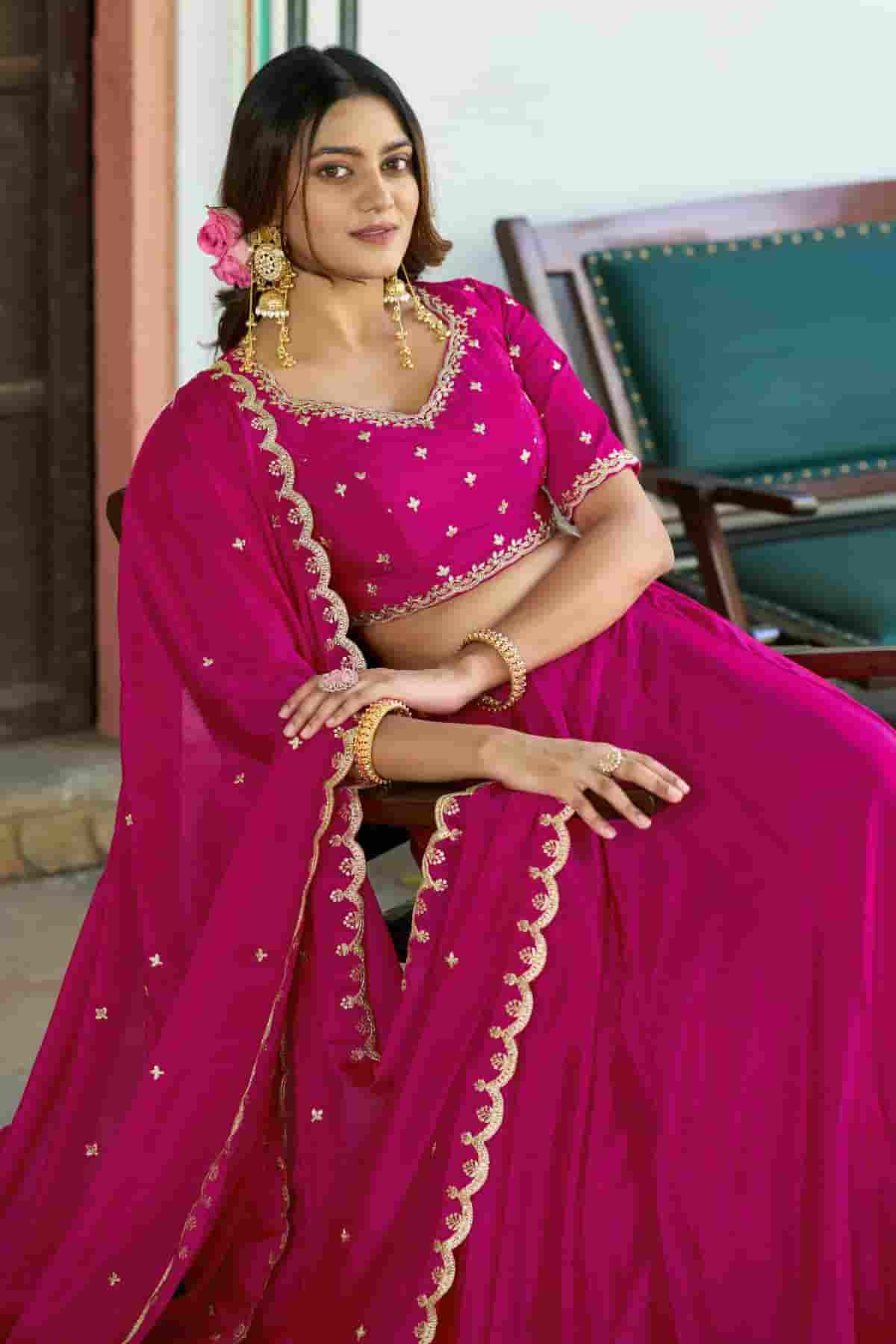 Chinon Thread Sequins Work Lehenga Choli In Pink Colour