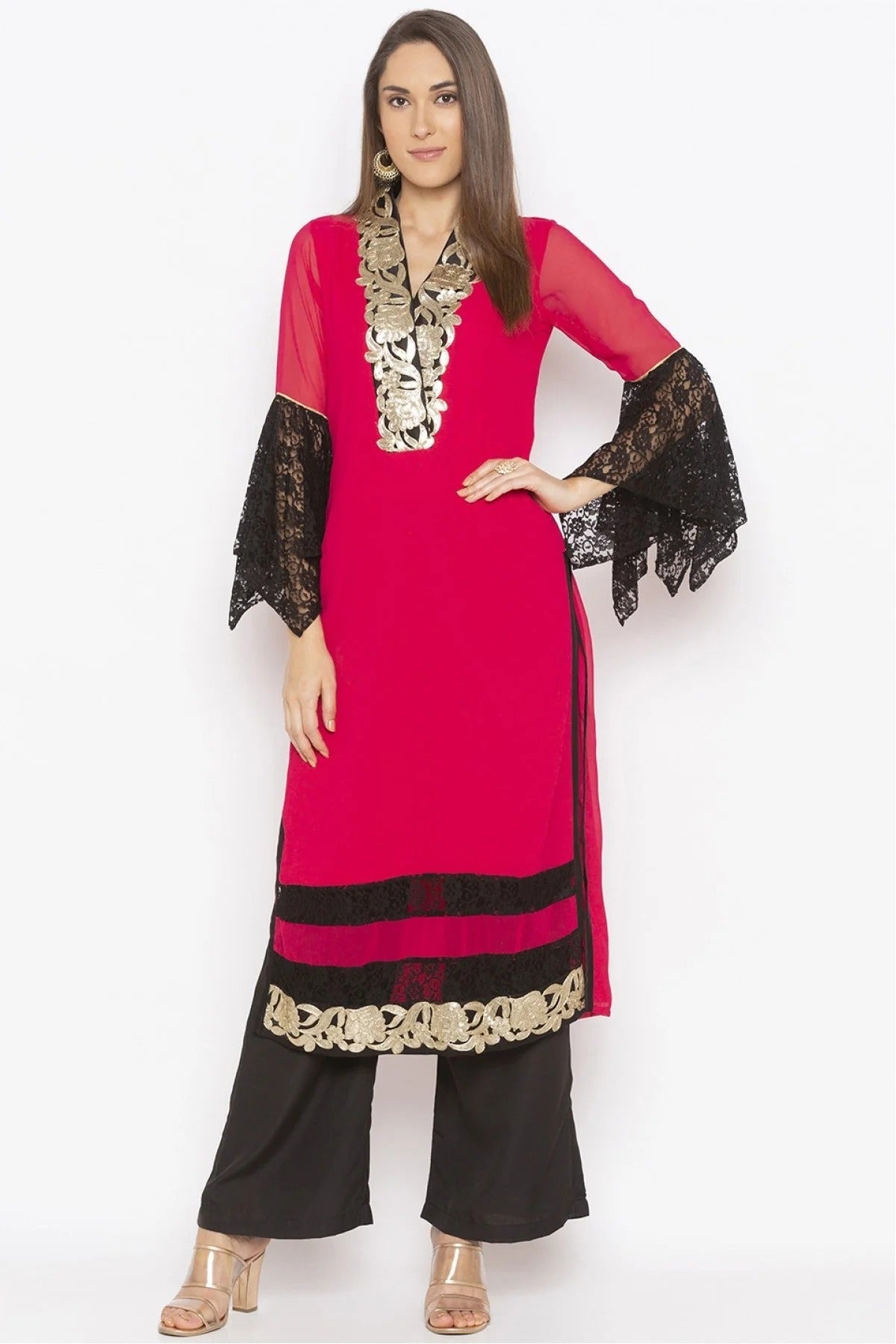 Coral Colour Plus Size Georgette Embroidery Kurta Set KR1070496