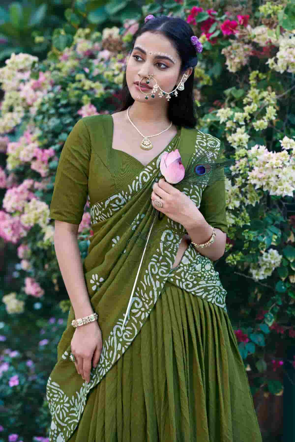 Cotton Chenderi Zari Woven Work Lehenga Choli In Mehendi Green Colour