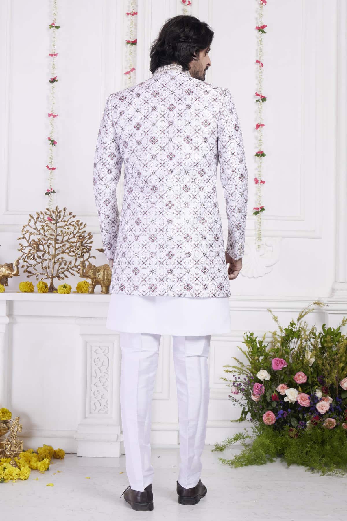 Cream Art Silk Embroidery Work 3 Pcs Jacket Set