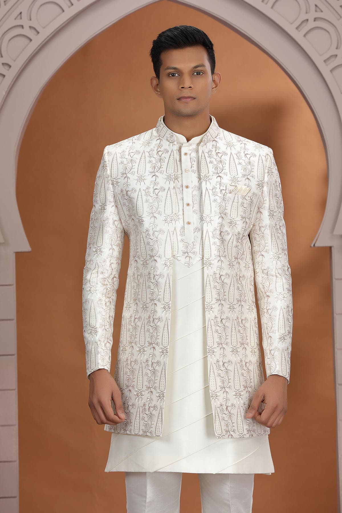 Cream Colour Art Silk Embroidery 3 Pcs Indo Western