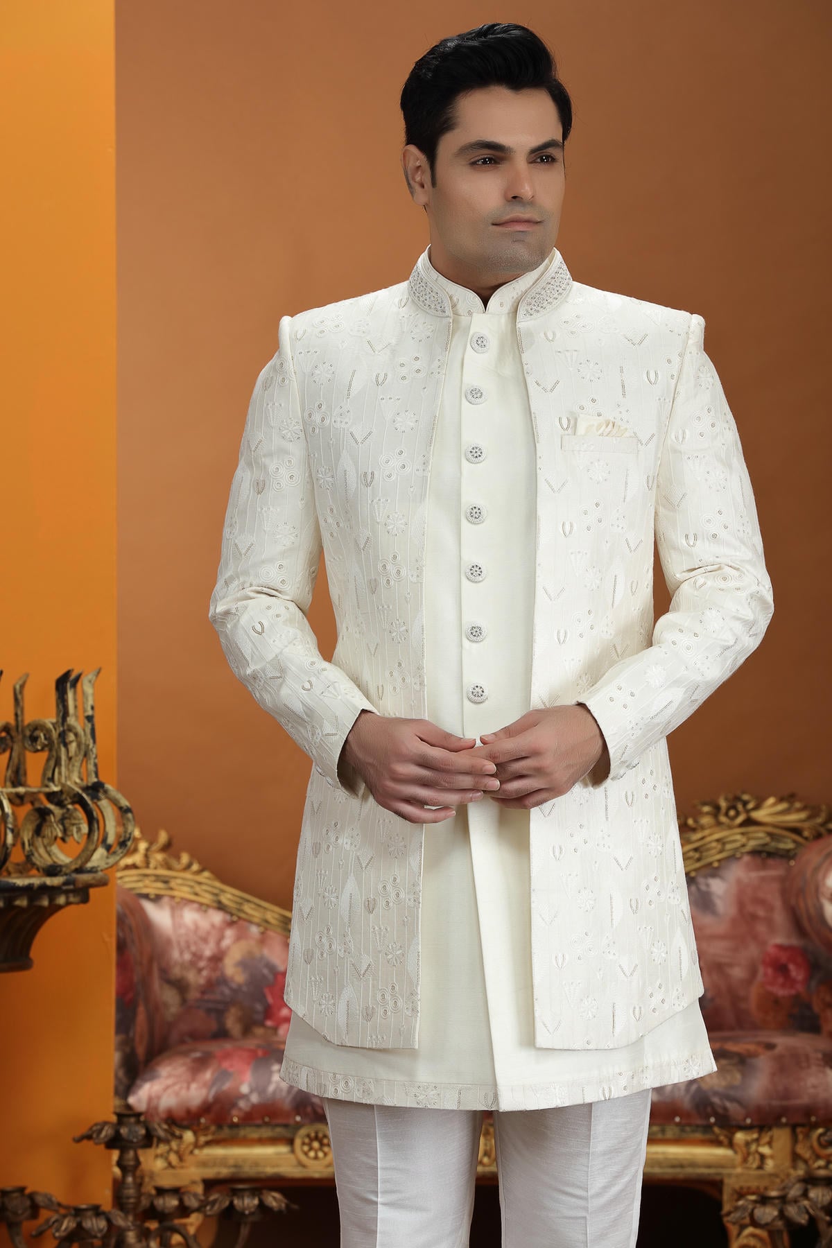 Cream Colour Art Silk Embroidery 3 Pcs Jacket Set
