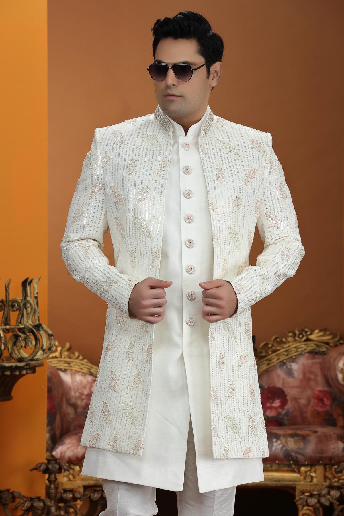 Cream Colour Art Silk Embroidery 3 Pcs Jacket Set