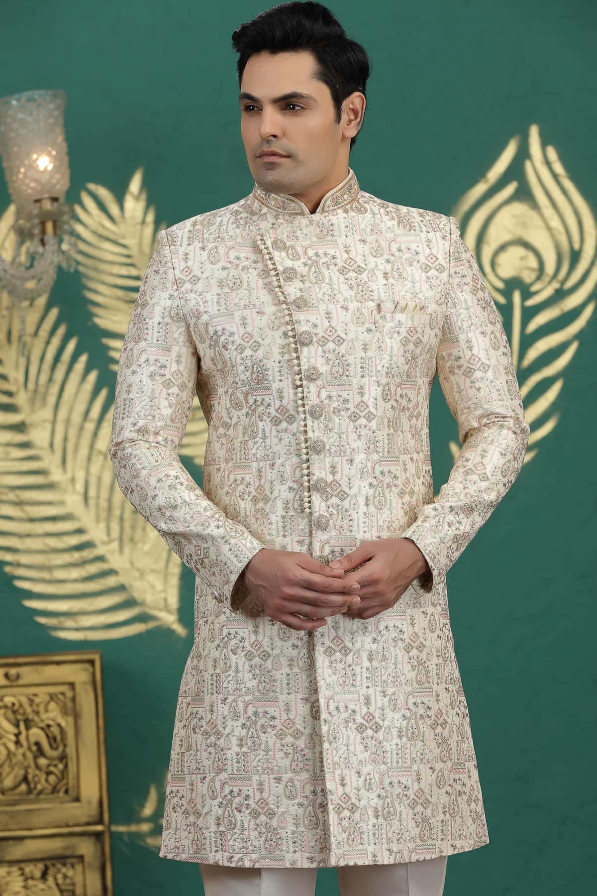 Cream Colour Art Silk Embroidery Sherwani
