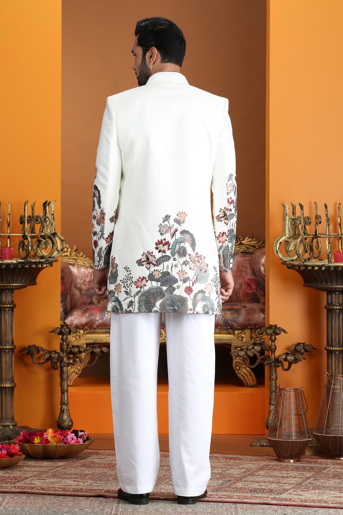 Cream Colour Art Silk Embroidery Work 3 Pcs Jacket Set Sherwani