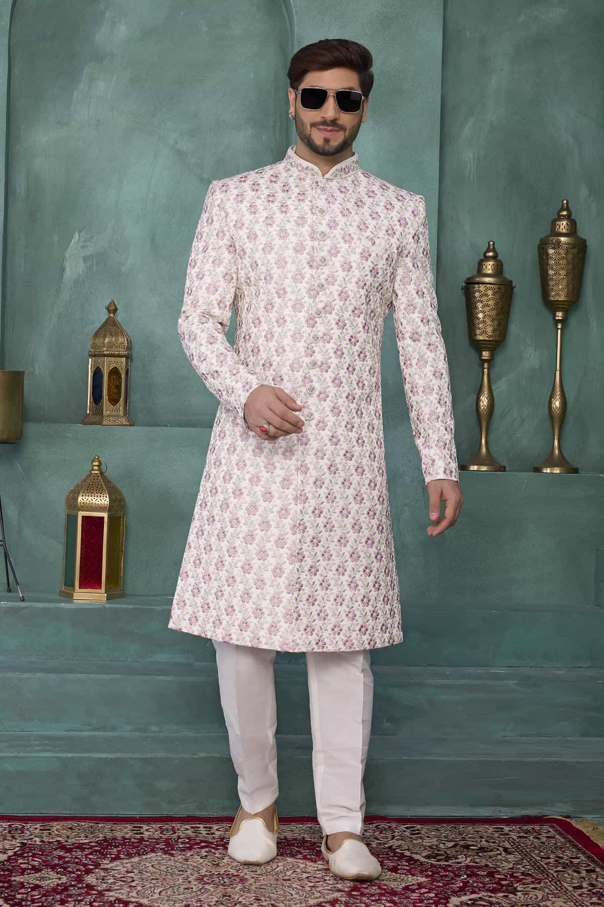 Cream Colour Art Silk Embroidery Work Sherwani