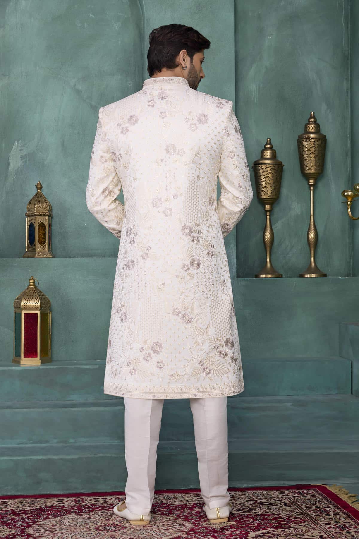 Cream Colour Art Silk Embroidery Work Sherwani