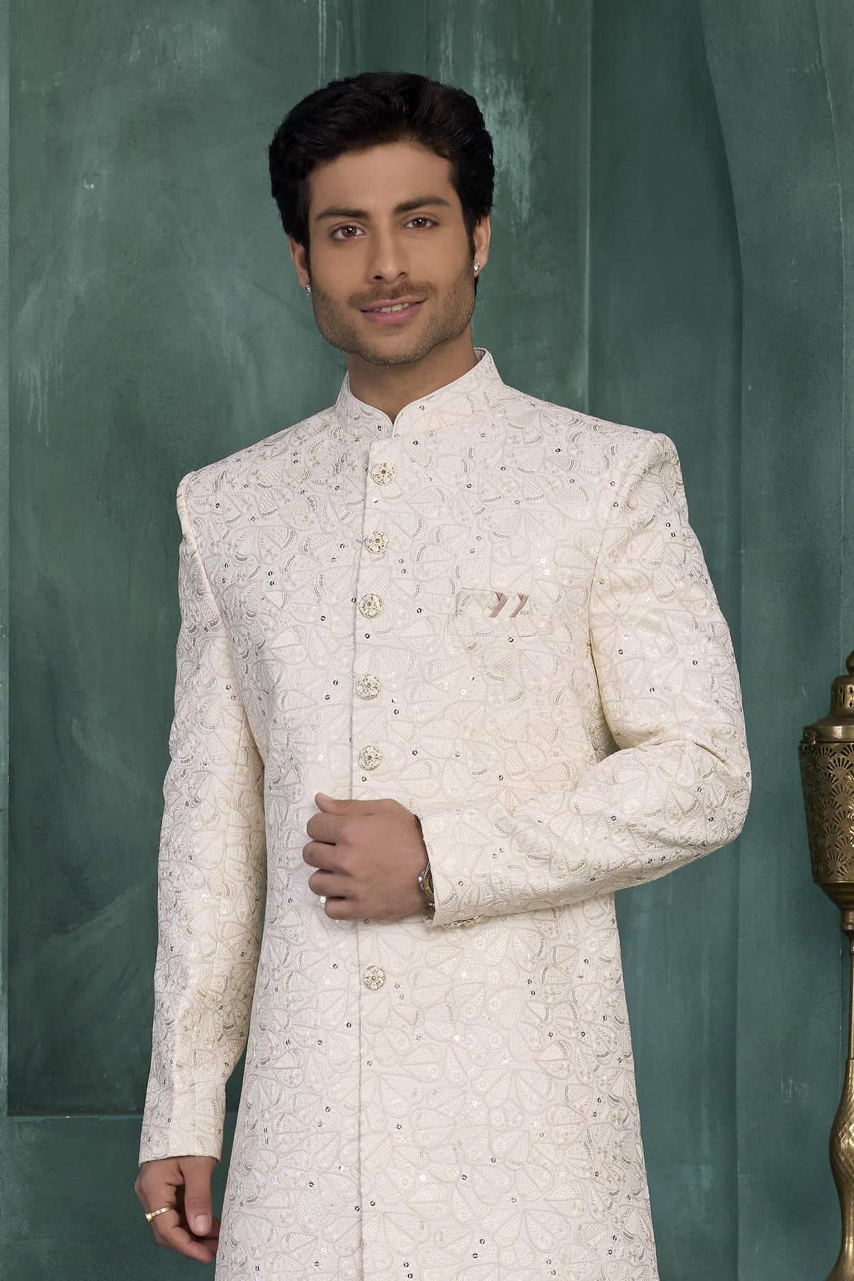Cream Colour Art Silk Embroidery Work Sherwani