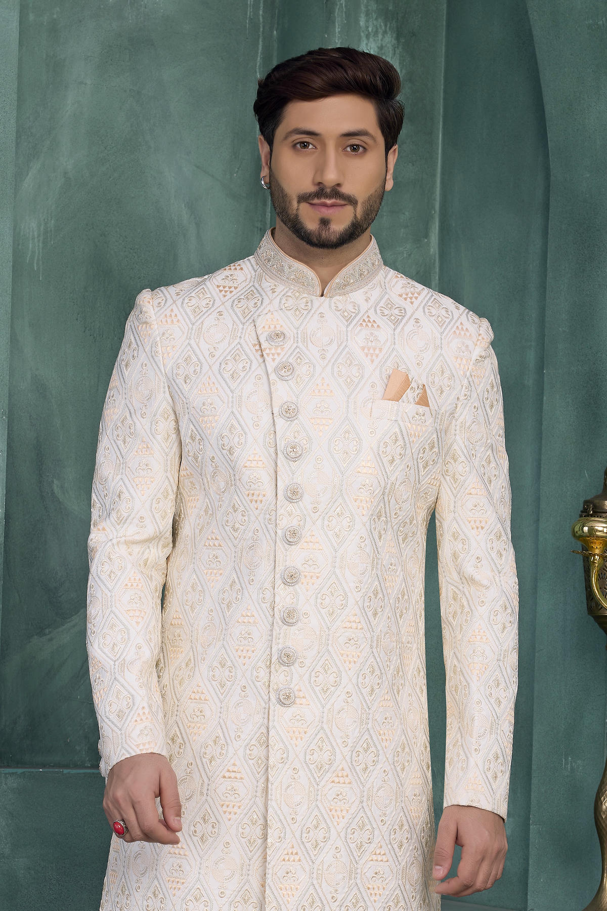Cream Colour Art Silk Embroidery Work Sherwani