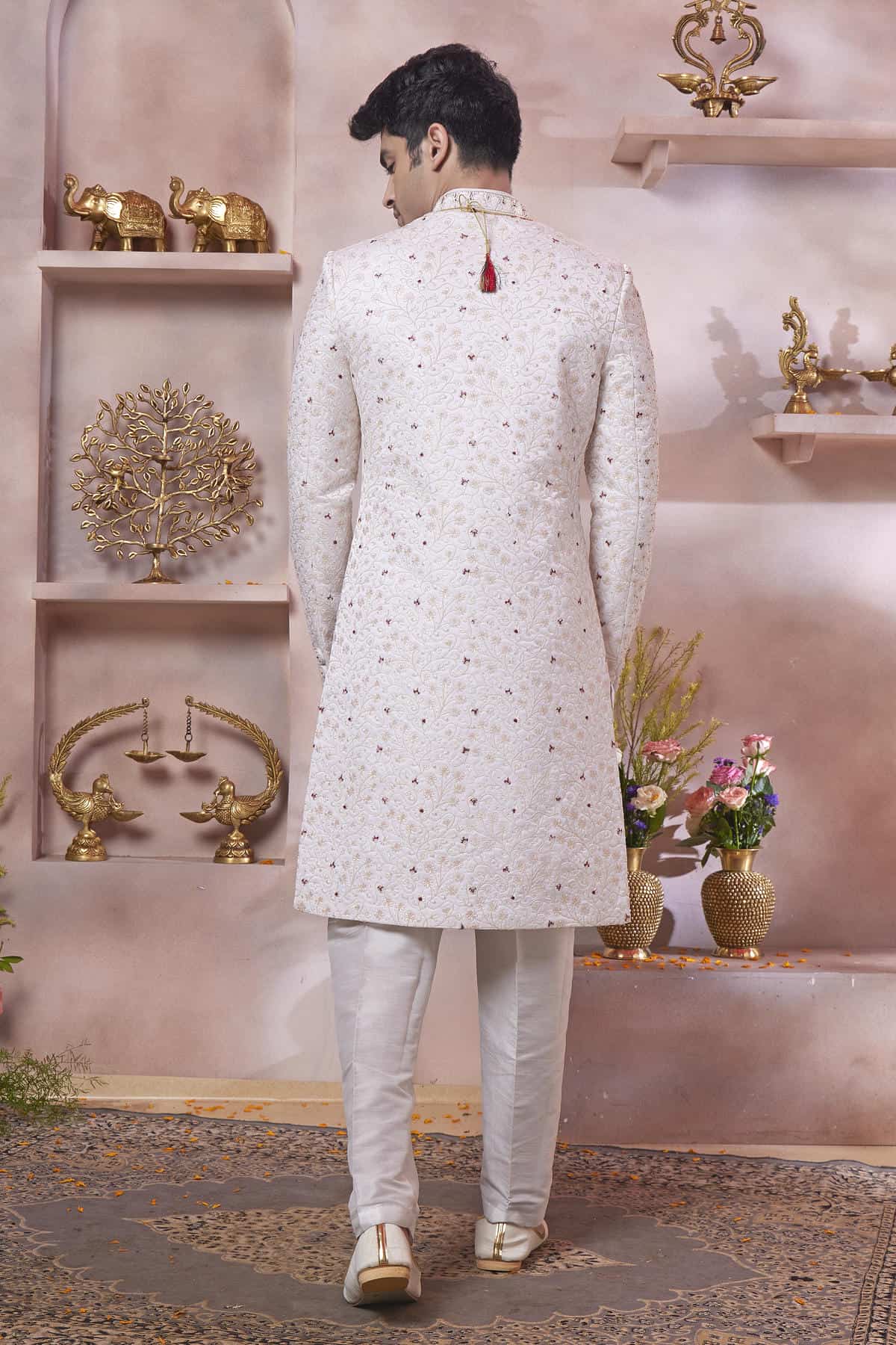 Cream Colour Art Silk Embroidery Work Sherwani
