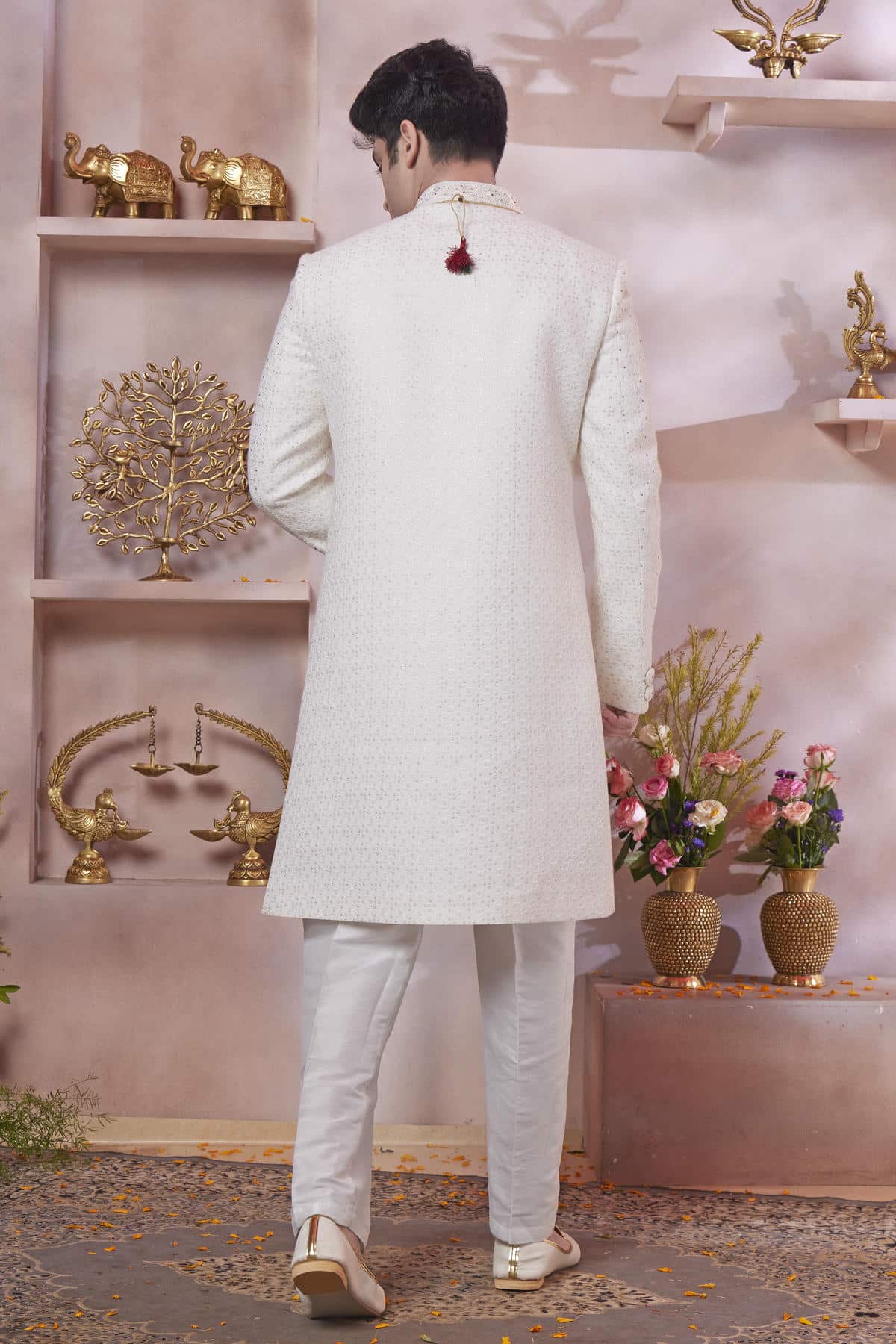 Cream Colour Art Silk Embroidery Work Sherwani
