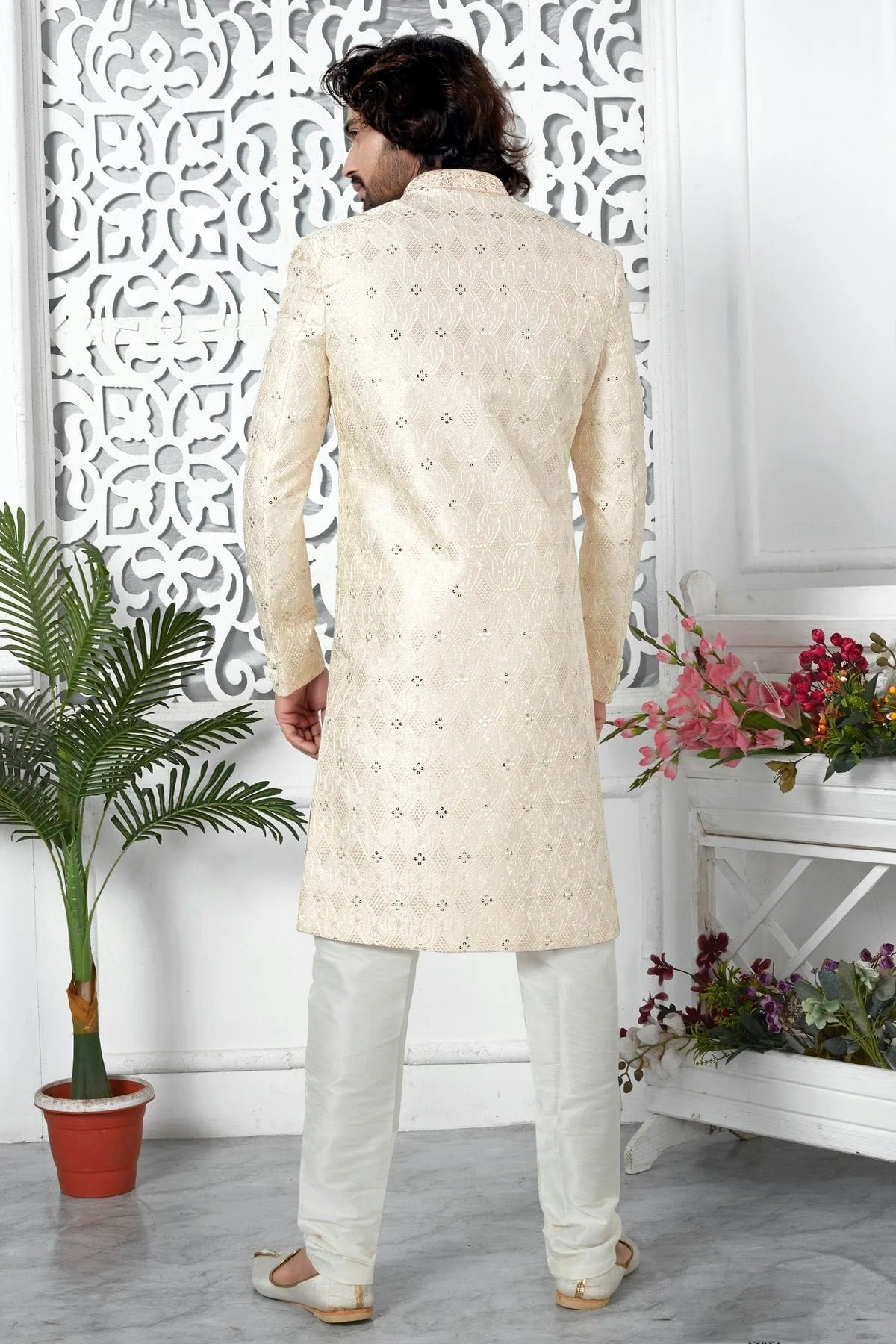 Cream Colour Art Silk Sherwani With Churidar Pant SH1230057 B