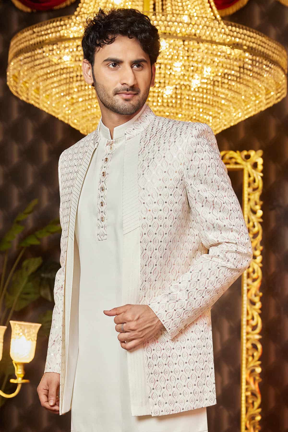 Cream Colour Art Silk Thread Work Embroidery 3 Pcs Kurta Jacket