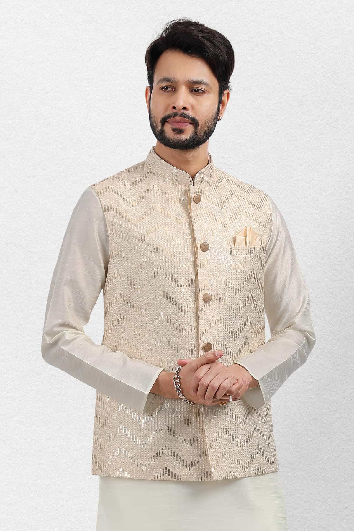 Cream Colour Art Silk Thread Work Kurta Pajama With Jacket