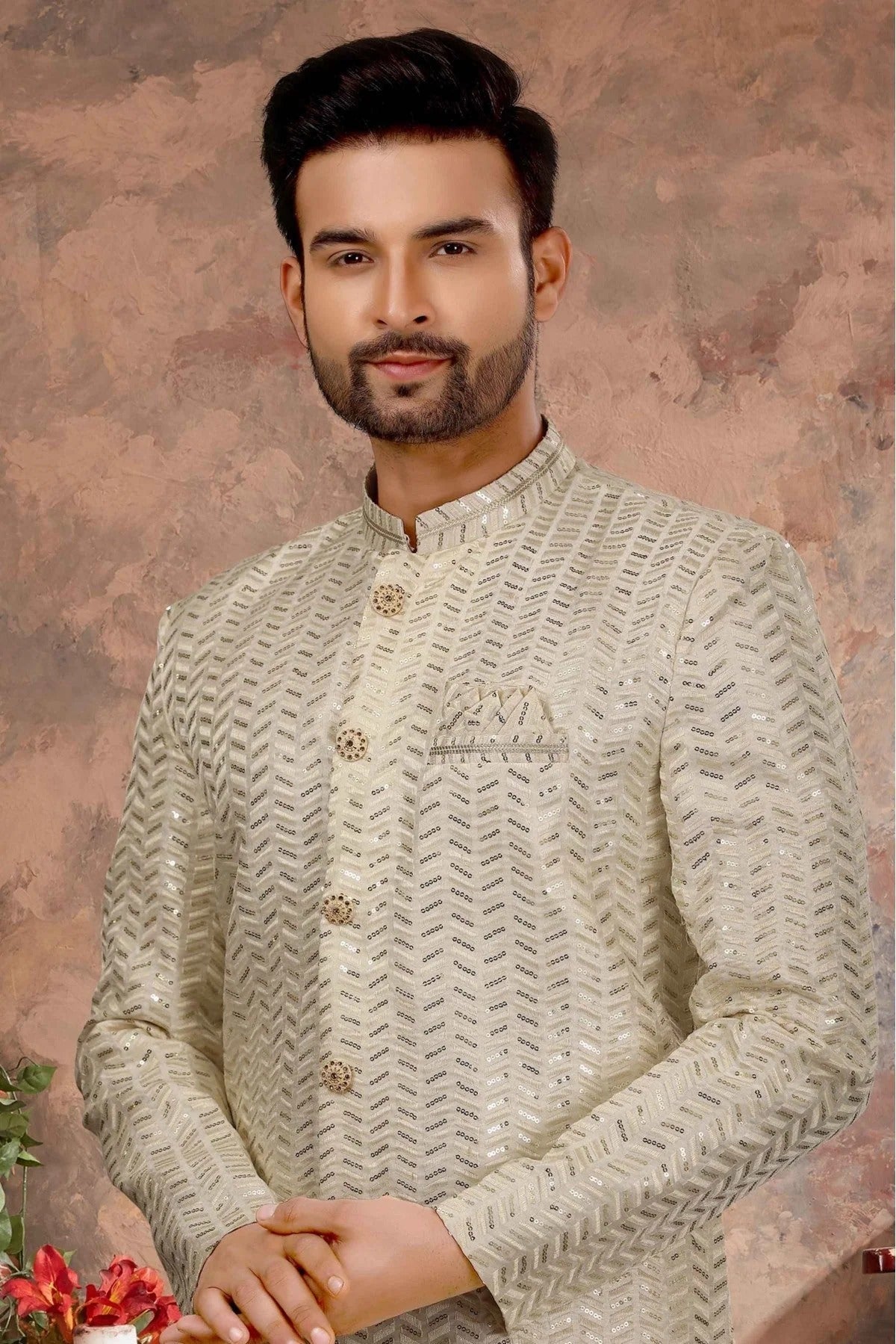 Cream Colour Art Silk Thread Work Sherwani SH1040345 A