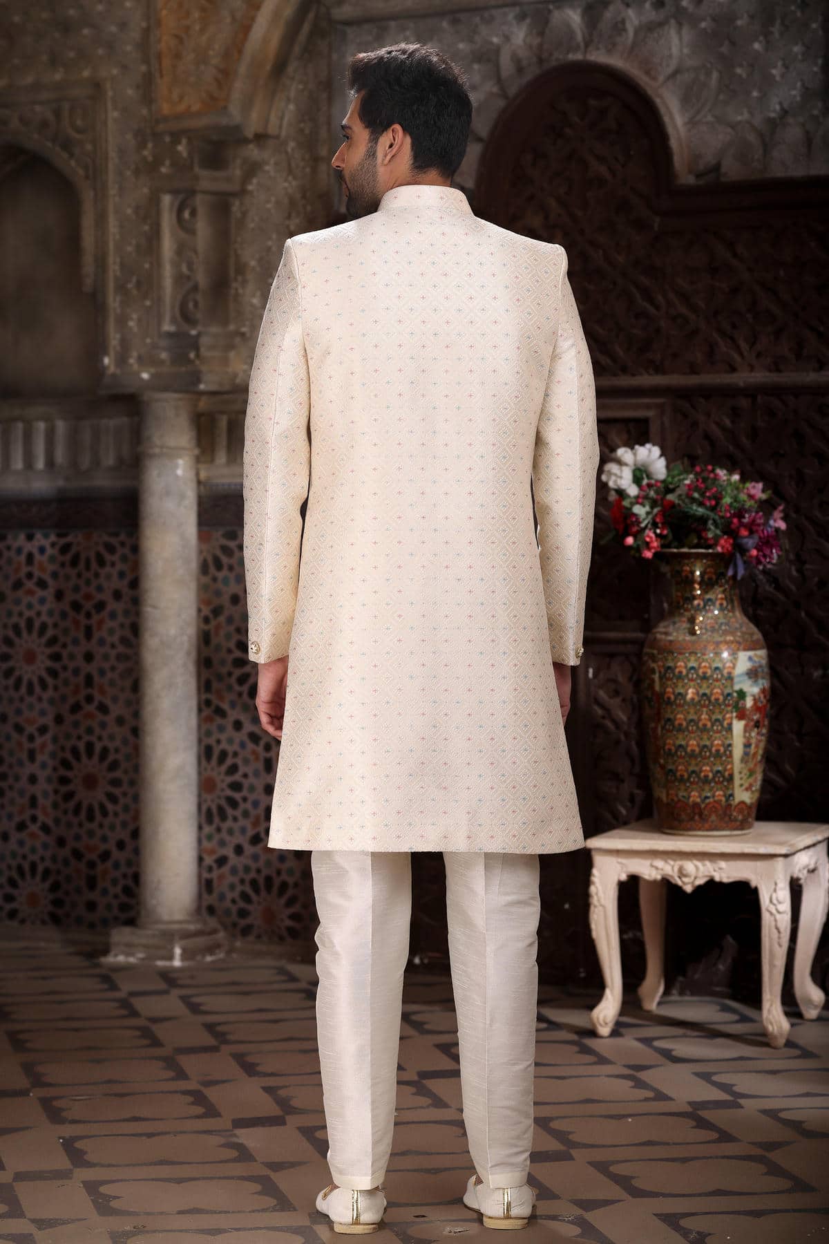 Cream Colour Banarasi Jacquard Embroidery Work indo western Sherwani