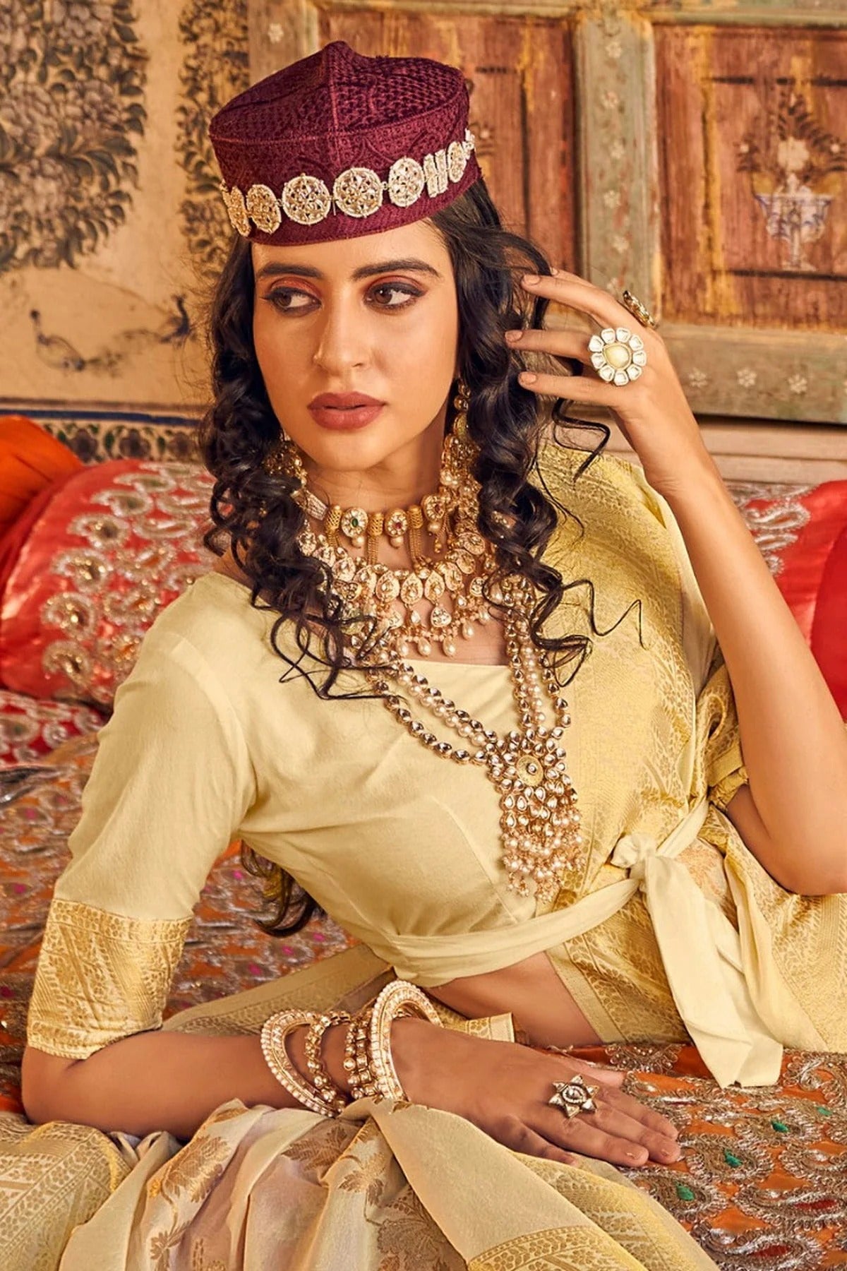 Cream Colour Chinon Georgette Woven Work Saree SD1290086 A