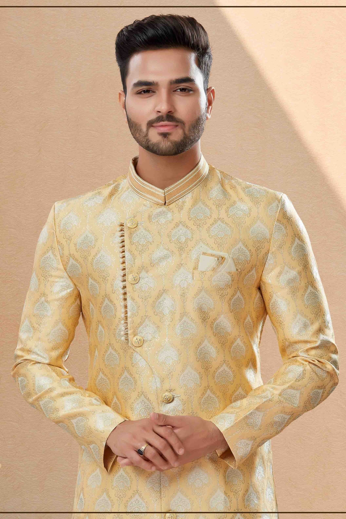 Cream Colour Dhoti Sherwani In Banarasi Jacquard Fabric SH1040399 A