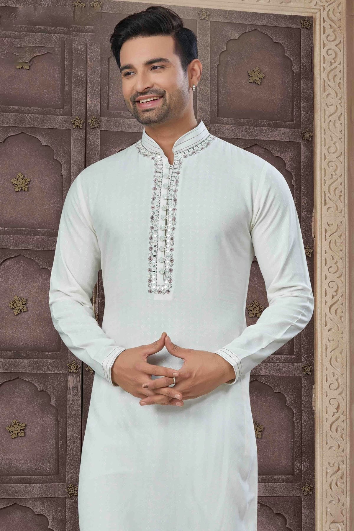 Cream Colour Embroidery Cotton Kurta Pajama KP1113459 A