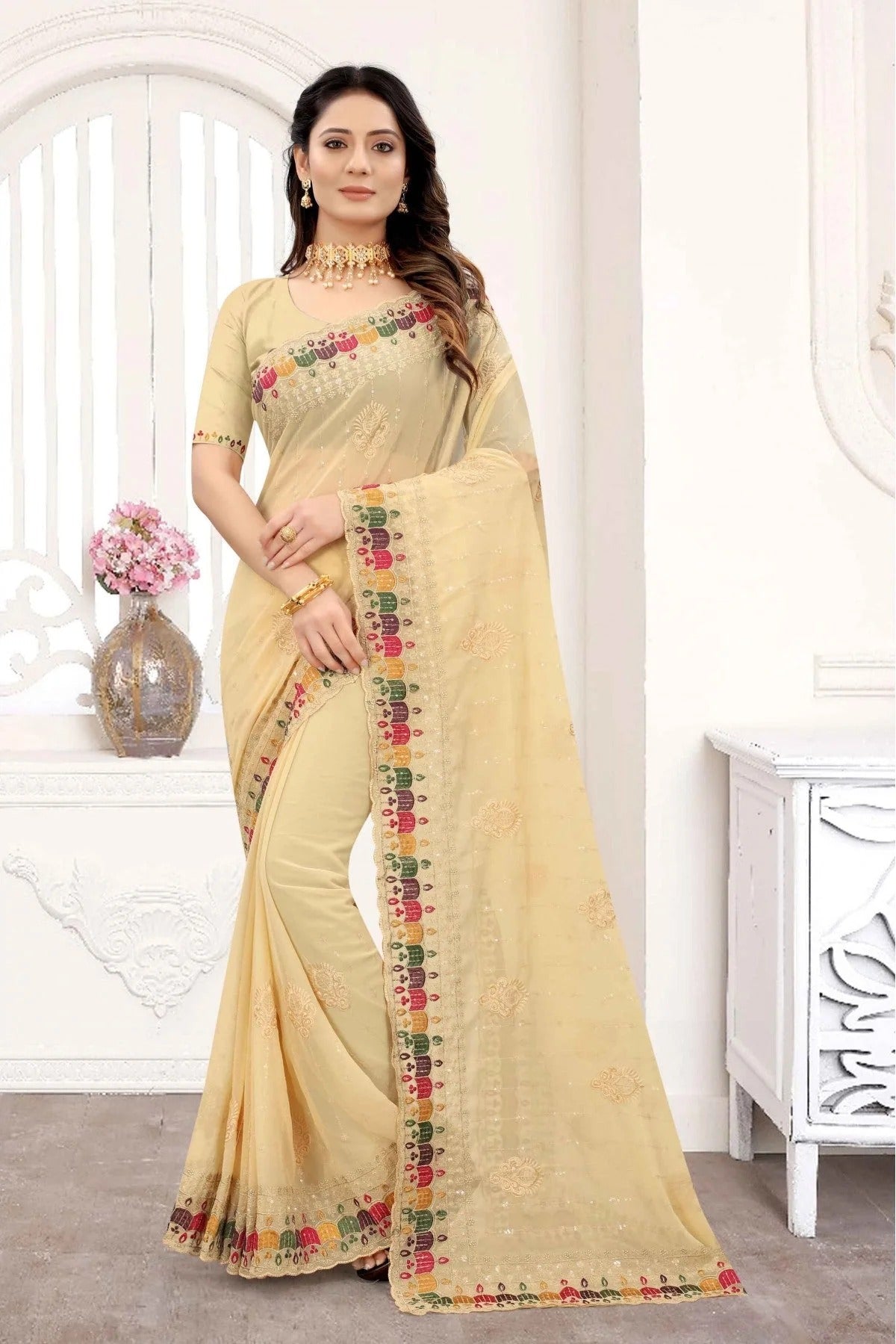 Cream Colour Georgette Embroidery Saree SD1090281