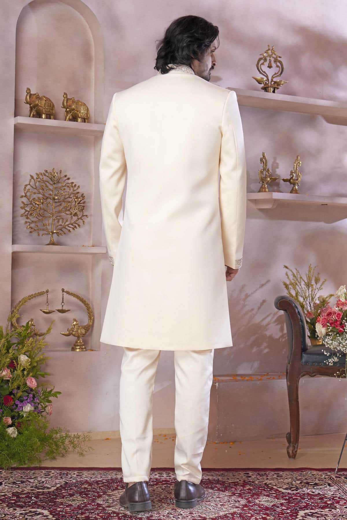 Cream Colour Imported Embroidery Work Sherwani