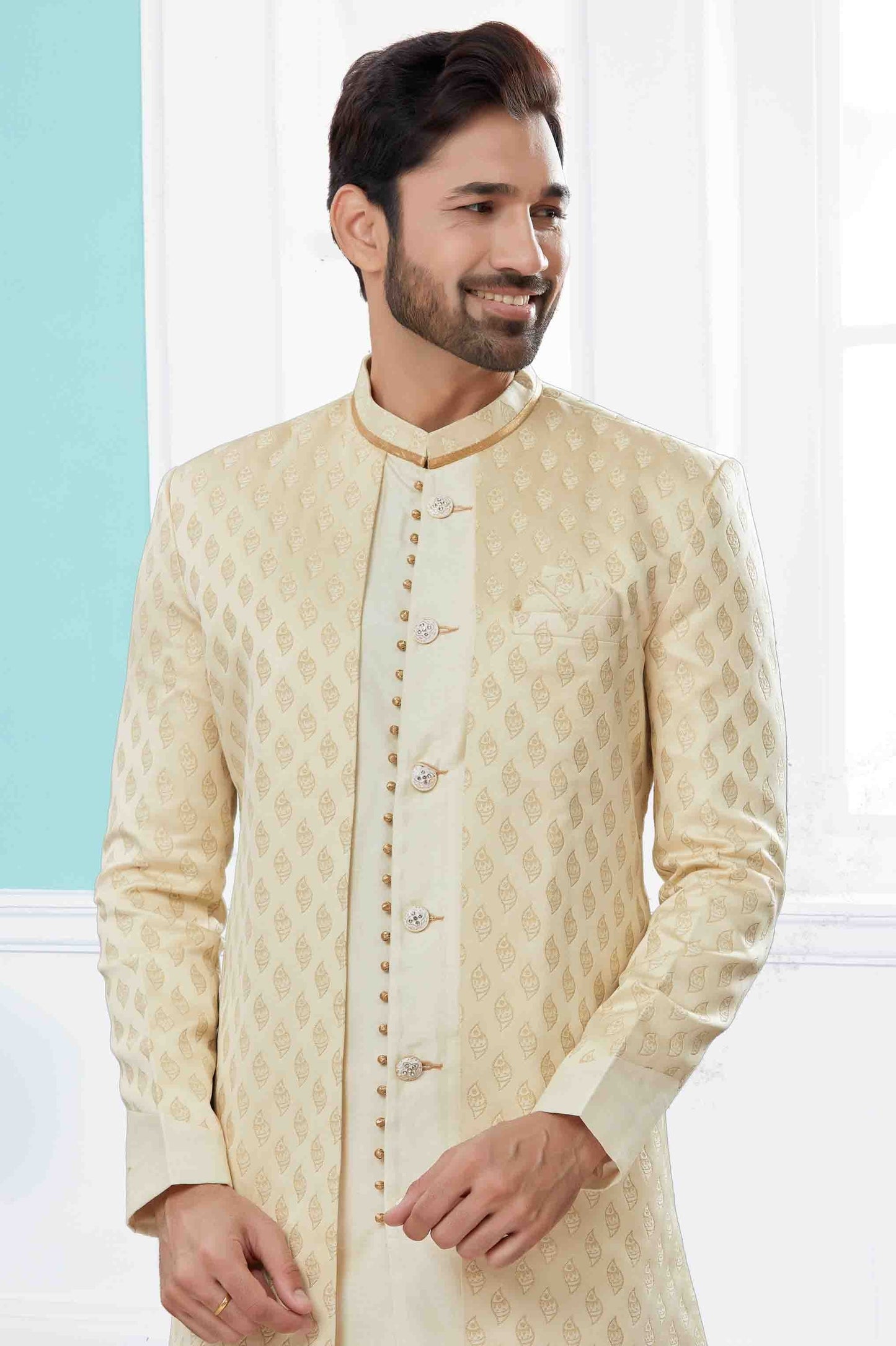 Cream Colour Indo Western In Banarasi Jacquard Fabric SH1040426 A